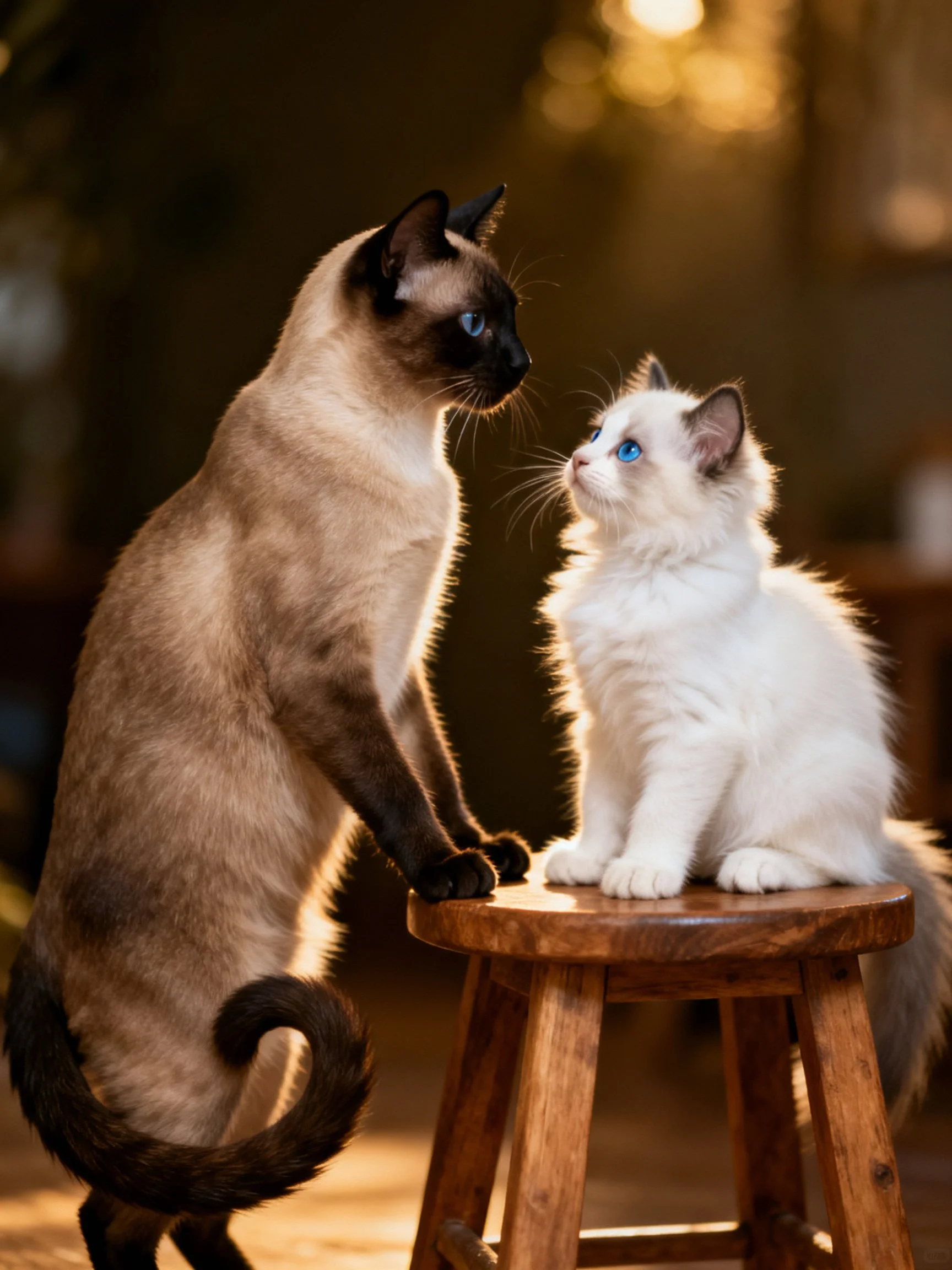 A Siamese cat and a white kitten interact on a wooden stool in a warmly lit setting.
