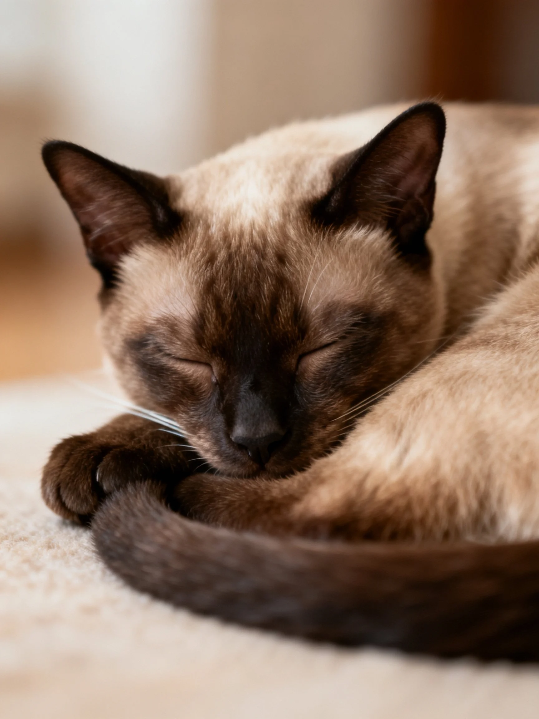 A Siamese cat curled up in cream and dark brown fur, sleeping soundly