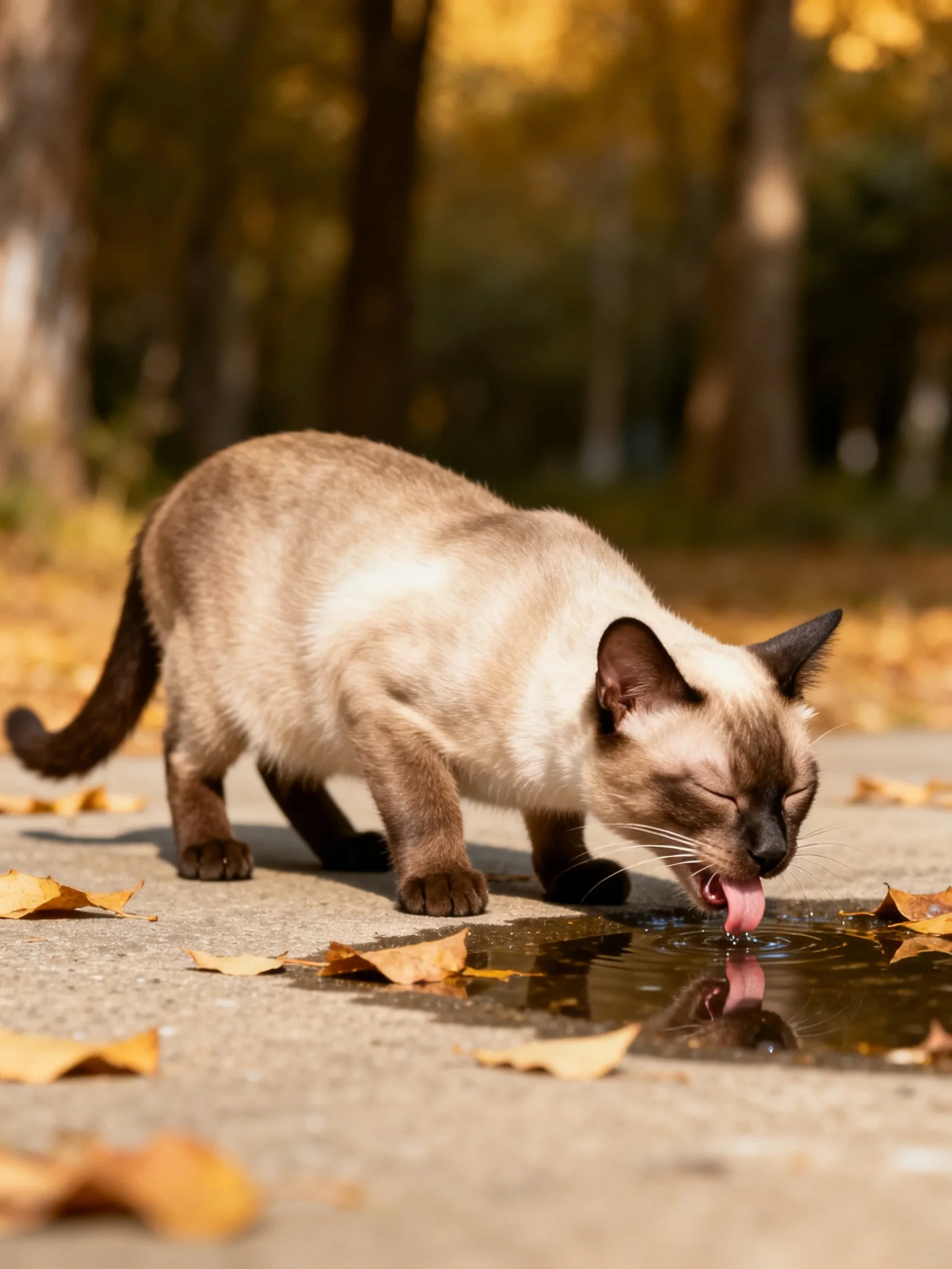 A Siamese cat drinks from a puddle amid golden autumn leaves
