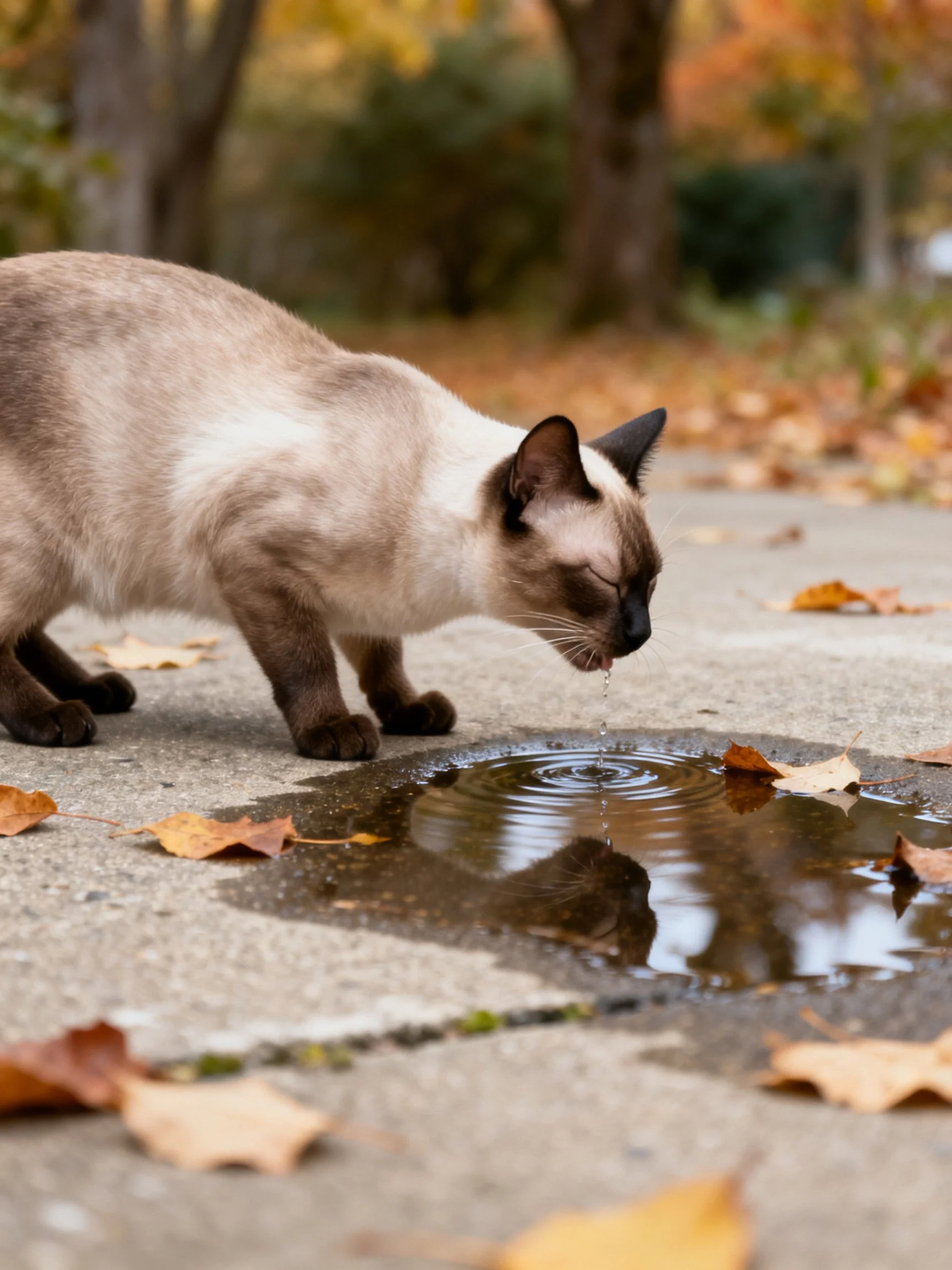 A Siamese cat drinks from a puddle among fallen autumn leaves.