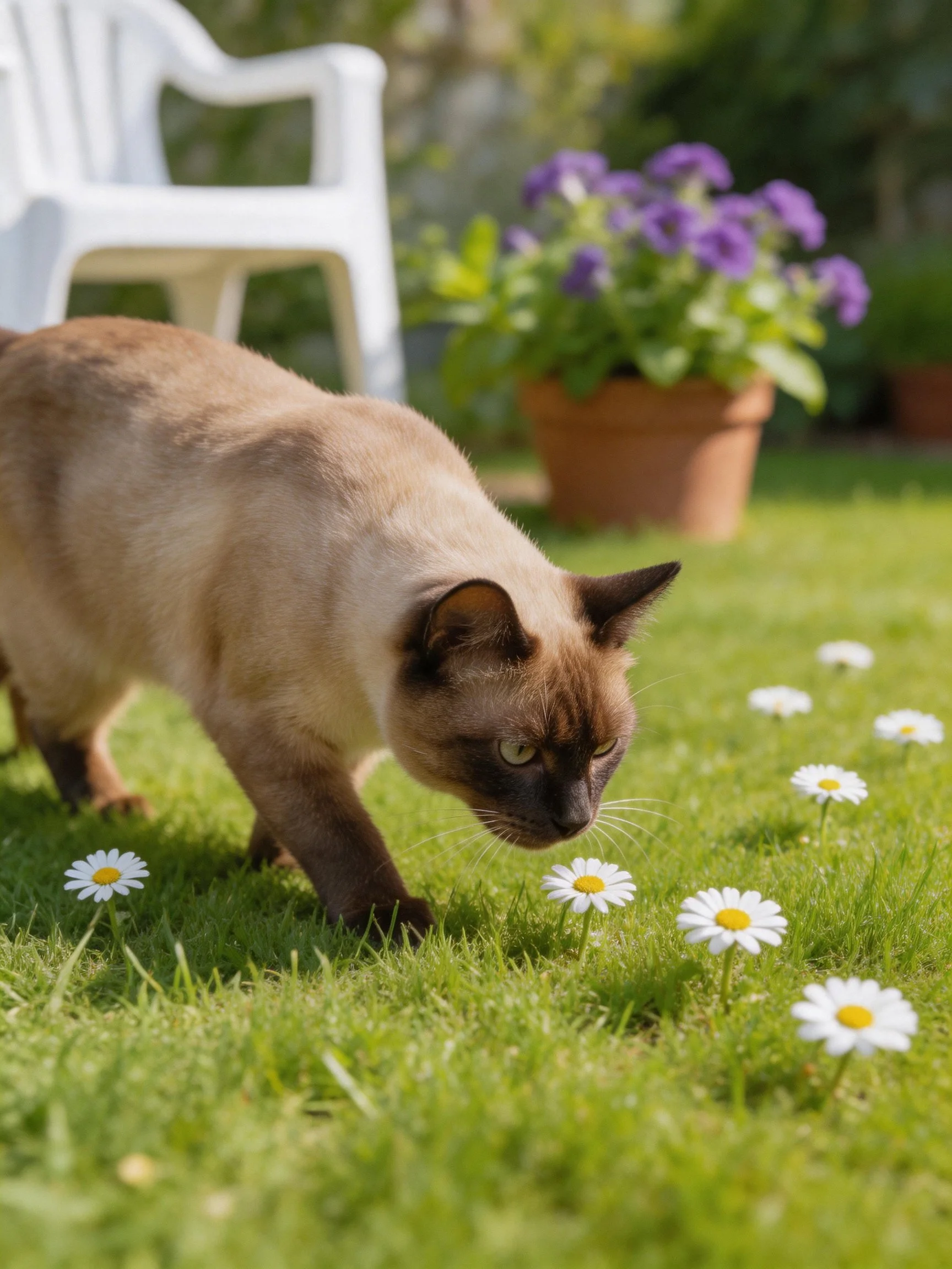A Siamese cat explores a grassy lawn with white daisies and purple flowers