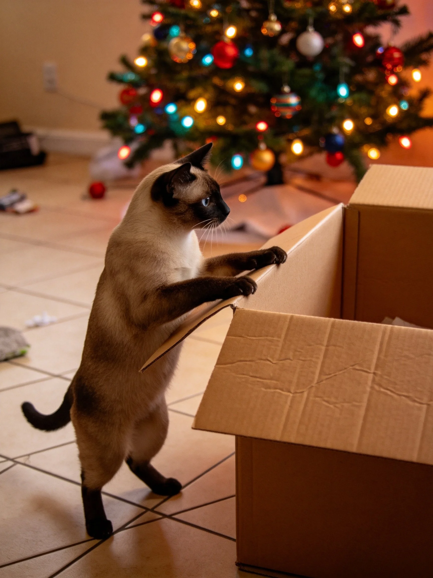 A Siamese cat explores an open cardboard box near a decorated Christmas tree