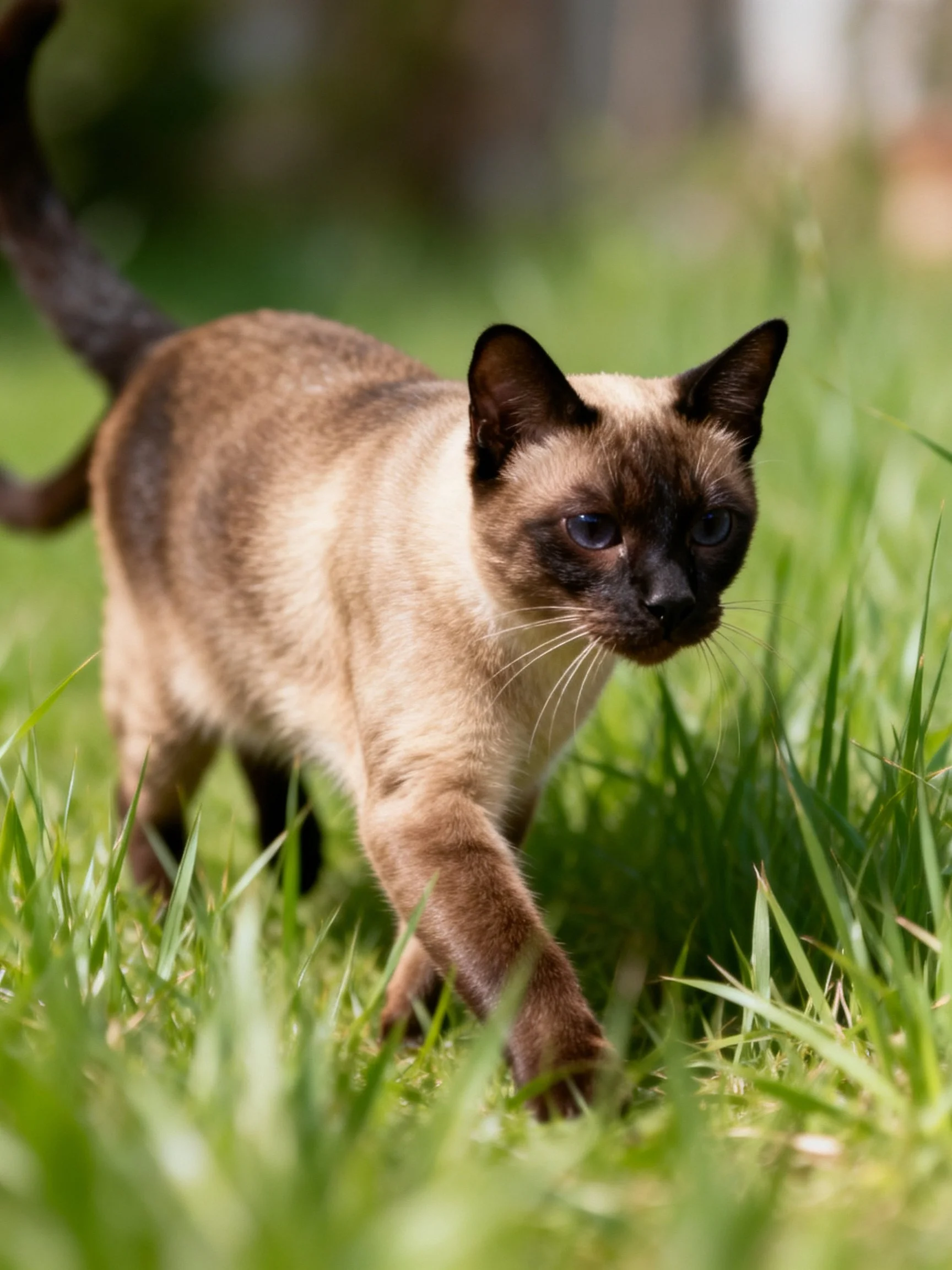 A Siamese cat explores lush green grass