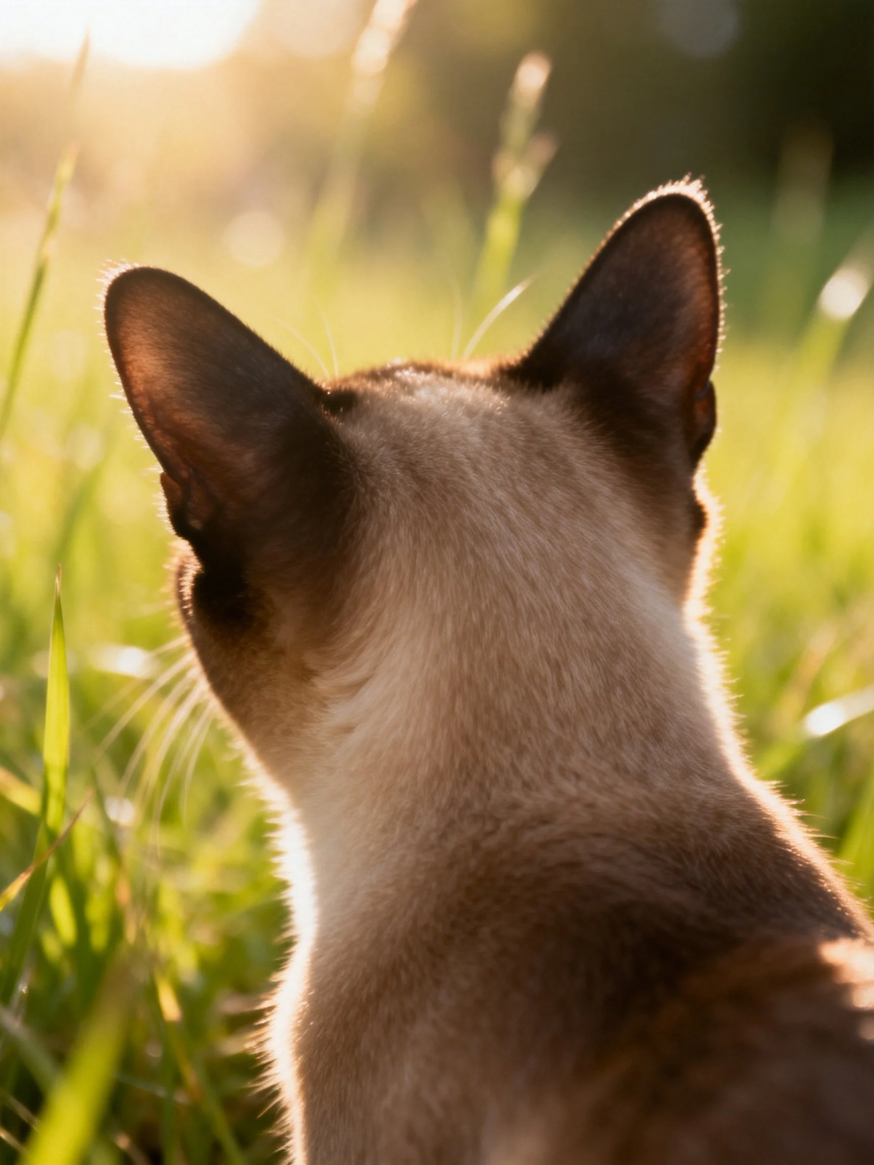 A Siamese cat gazes toward golden sunlight among tall green grass