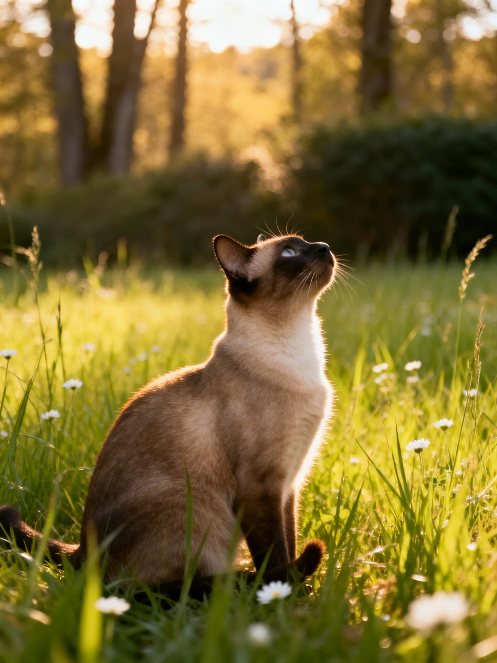 A Siamese cat gazes upward in golden-hour meadow