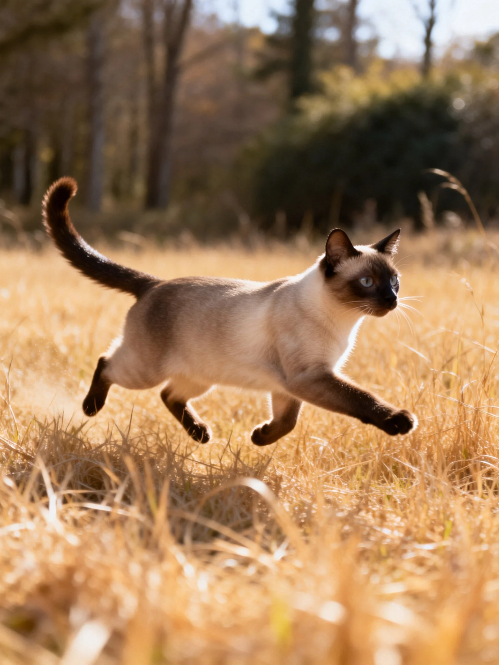 A Siamese cat leaps through golden grass near trees