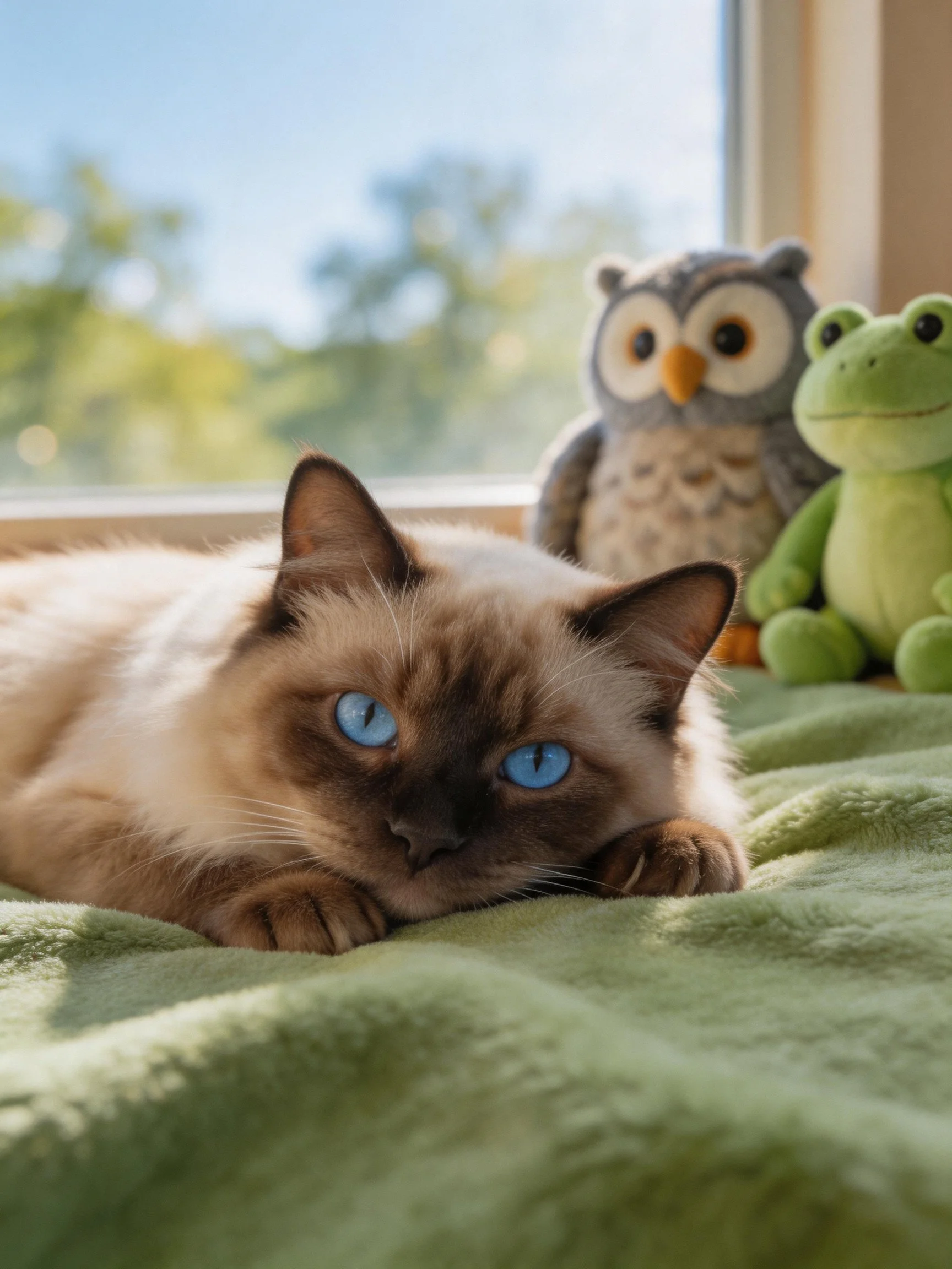 A Siamese cat lies on a green blanket near plush toys by a sunlit window
