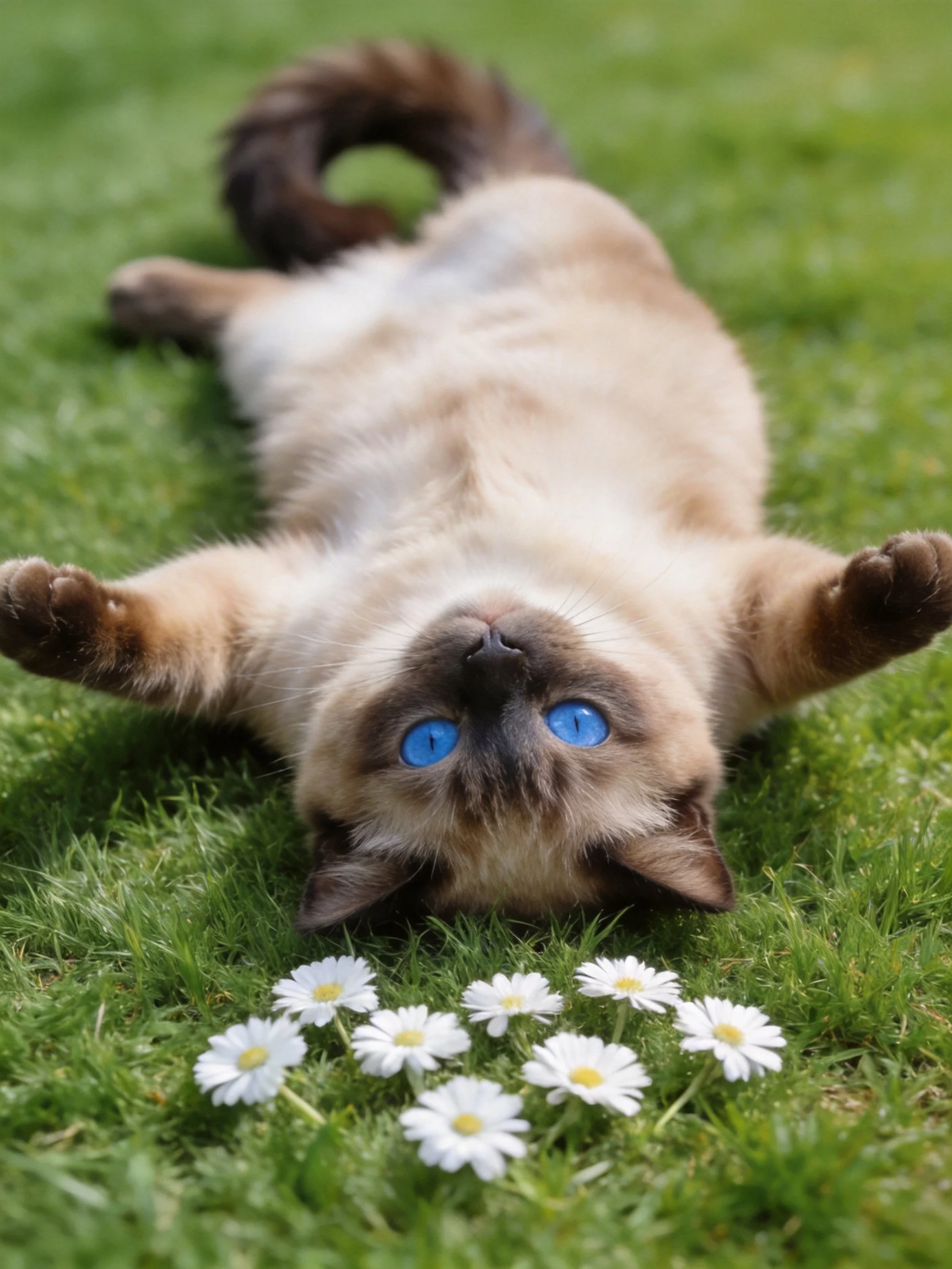 A Siamese cat lies on grass near white daisies