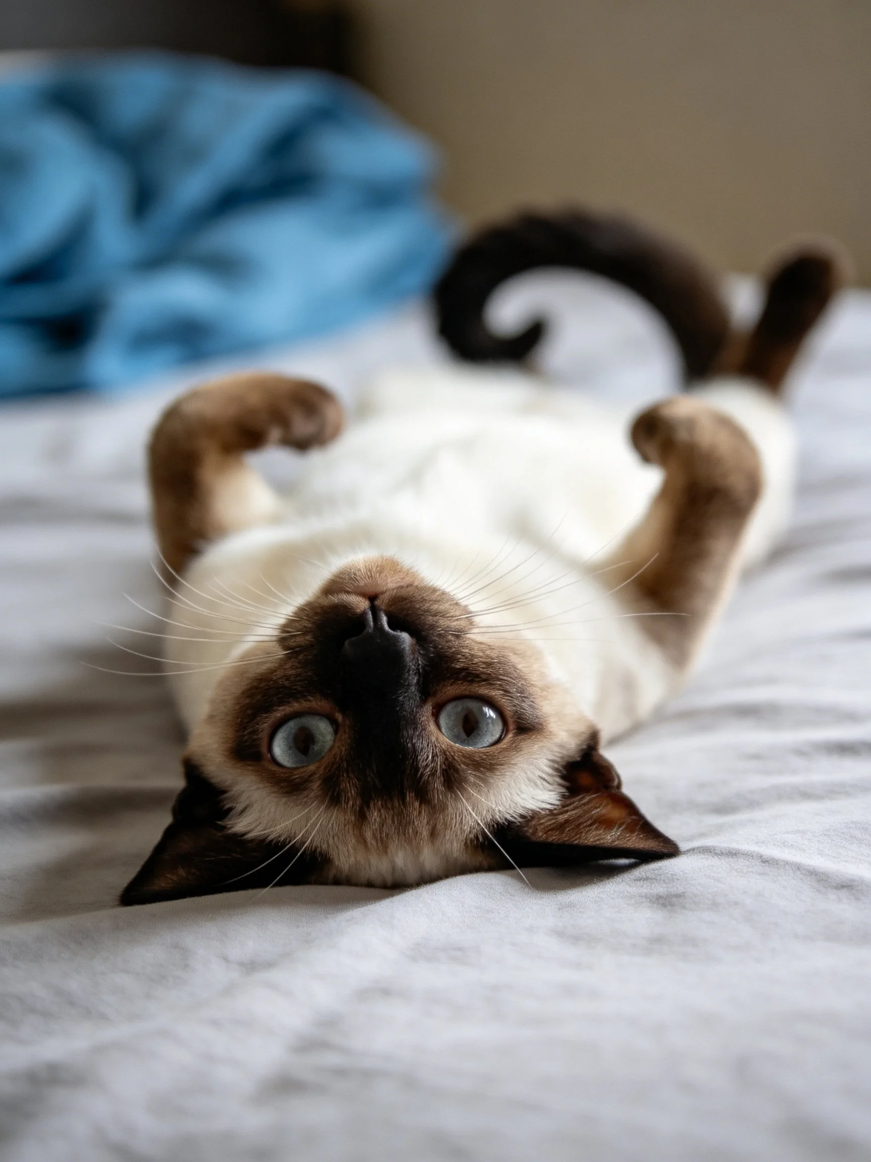 A Siamese cat lies upside down on a white bed with a blue blanket