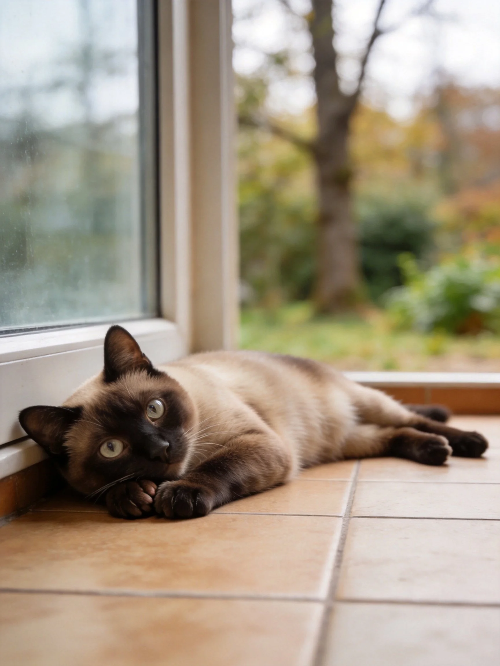 A Siamese cat lounging by a large glass window with a blurred outdoor backdrop