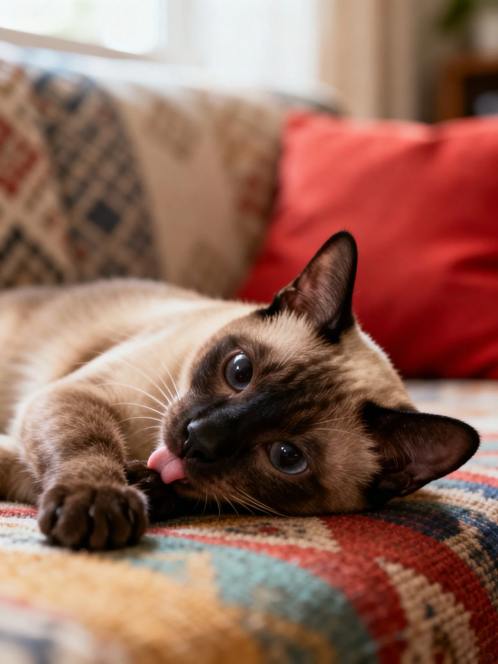 A Siamese cat lounging on a colorful couch near red and patterned pillows