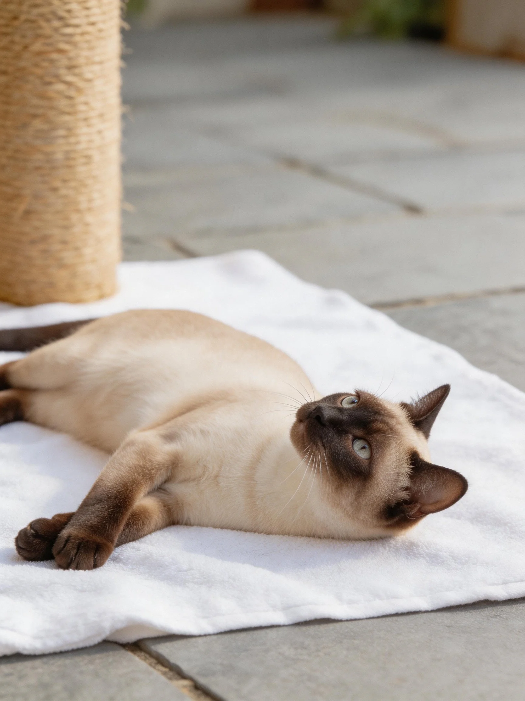 A Siamese cat lounging on a white towel near a scratching post
