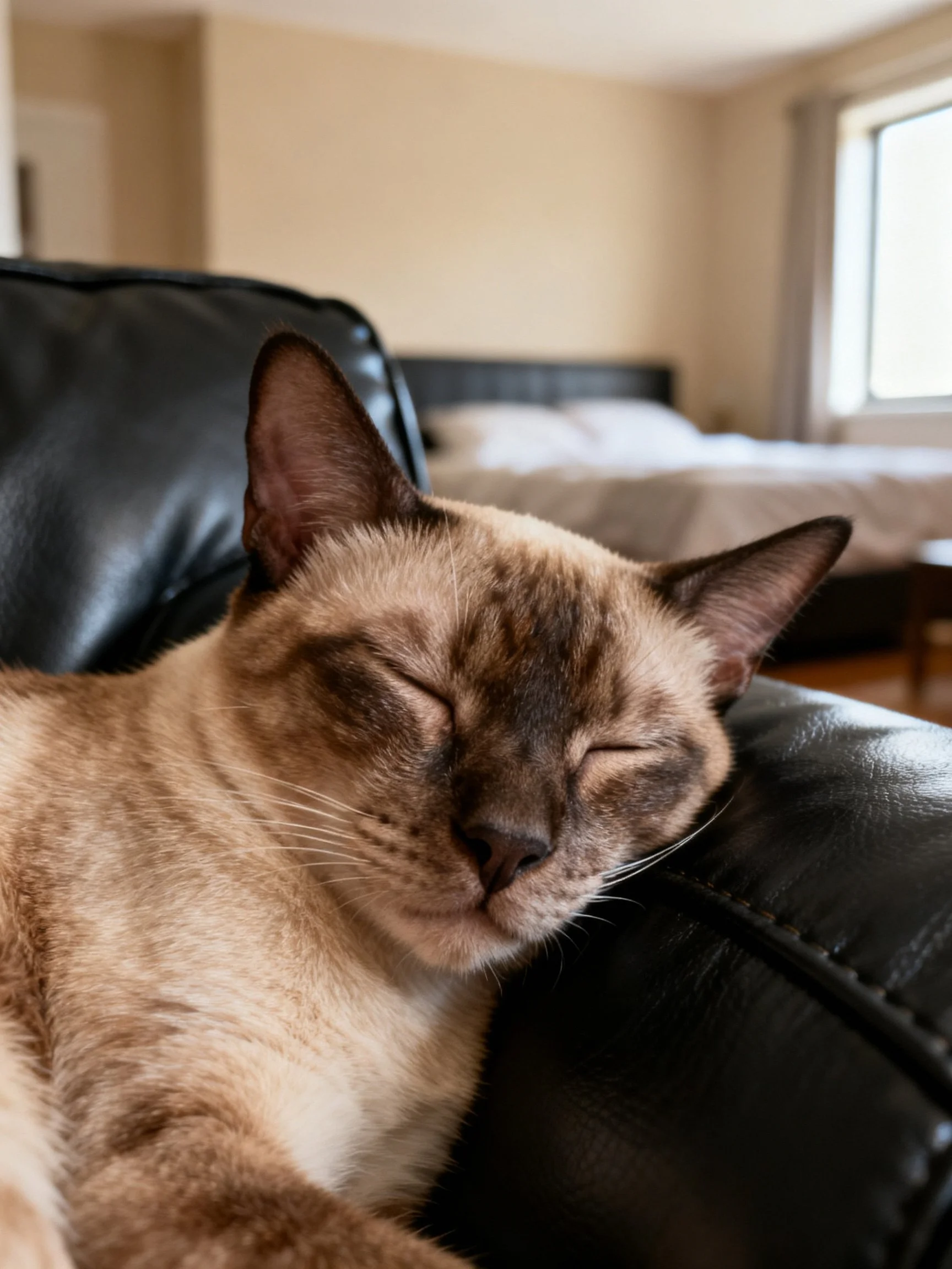 A Siamese cat napping on a black leather chair in a cozy bedroom