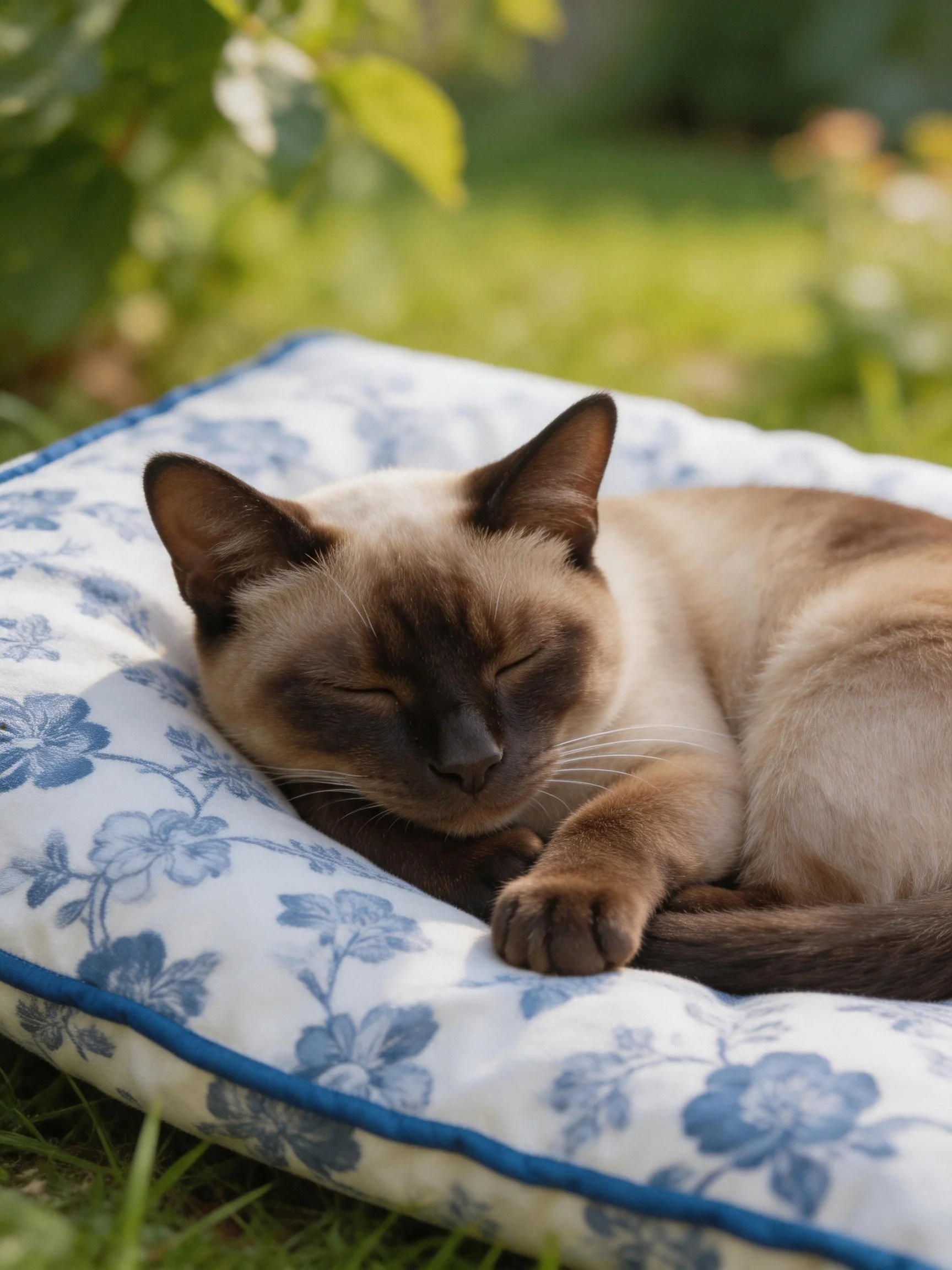 A Siamese cat napping on a blue-floral outdoor cushion