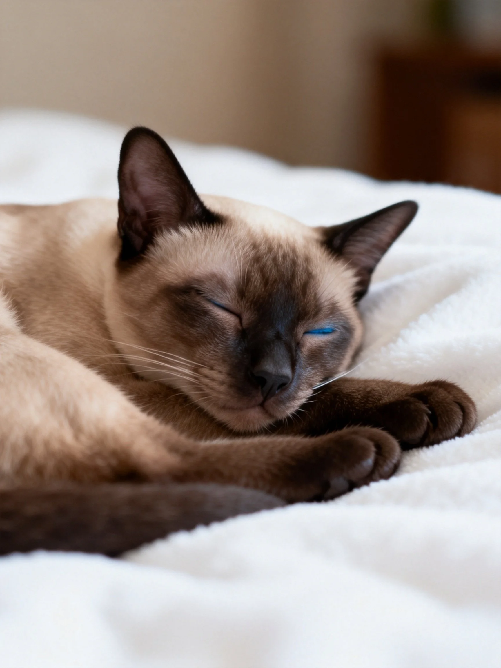 A Siamese cat napping on a white bed with dark brown accents
