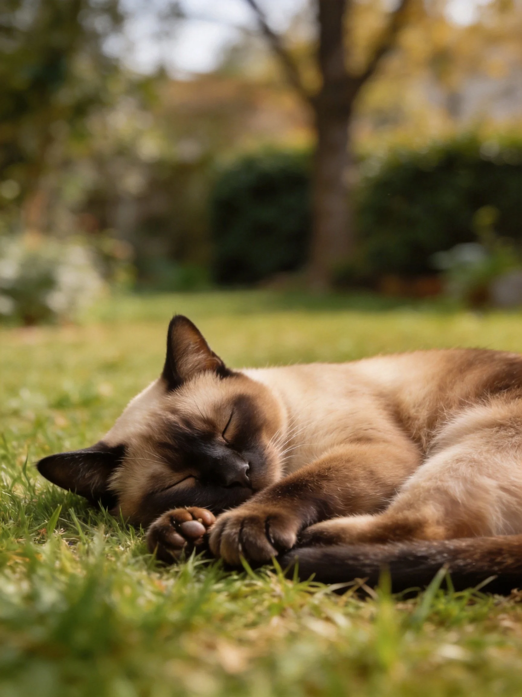 A Siamese cat napping on green grass in a sunlit garden