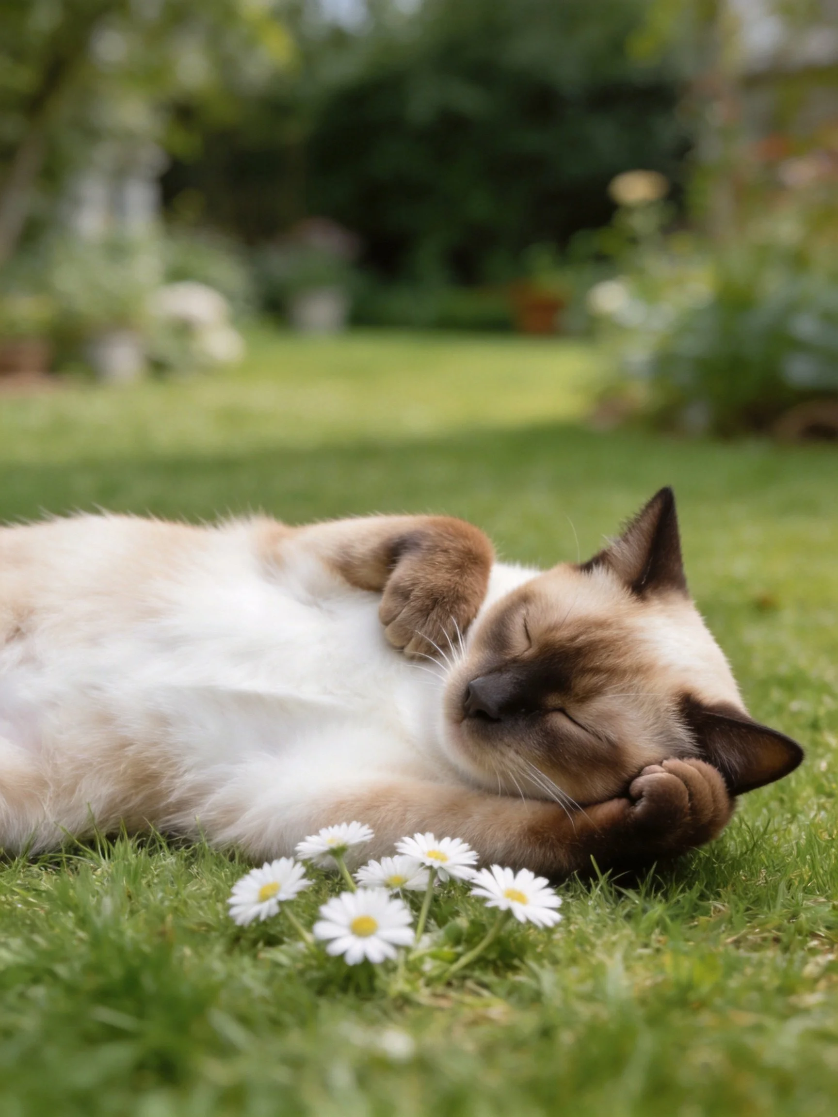 A Siamese cat napping on green grass near white daisies
