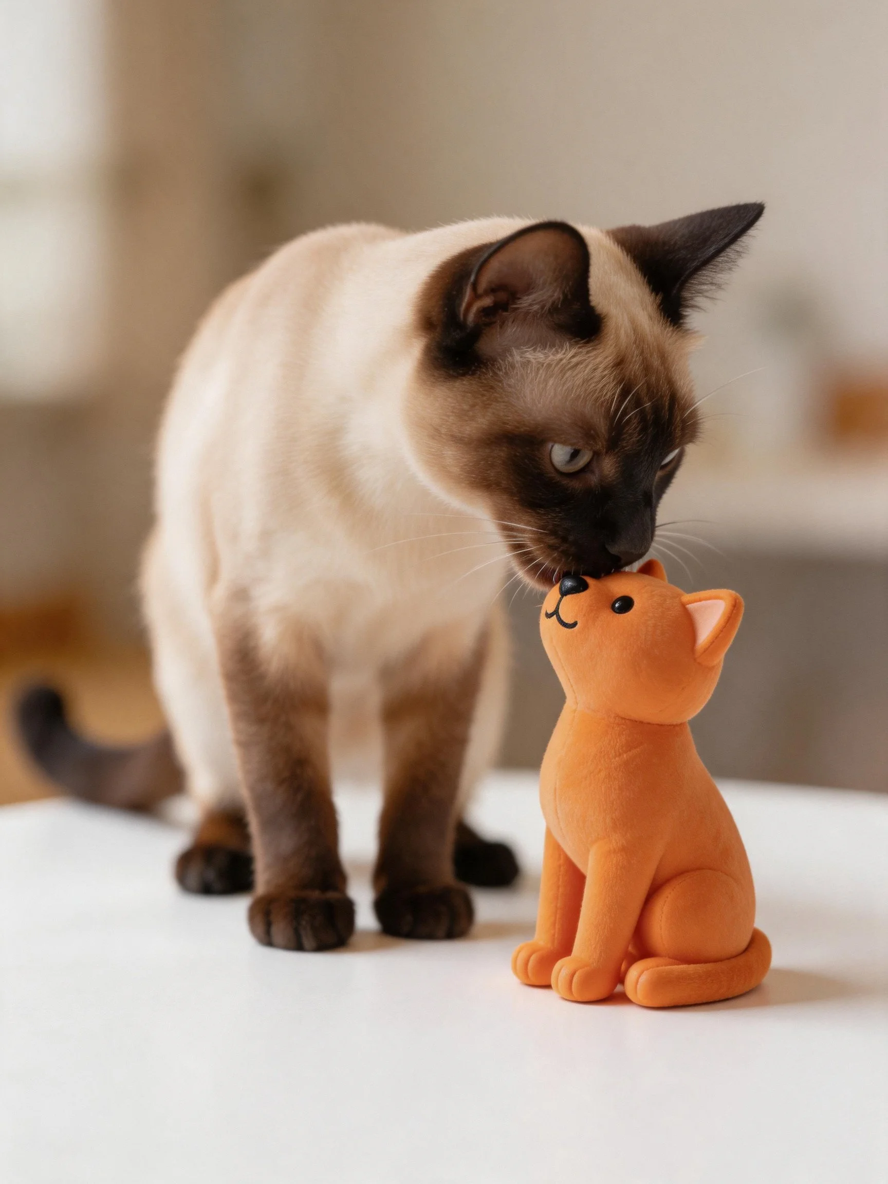 A Siamese cat nuzzles an orange plush cat toy on a white surface