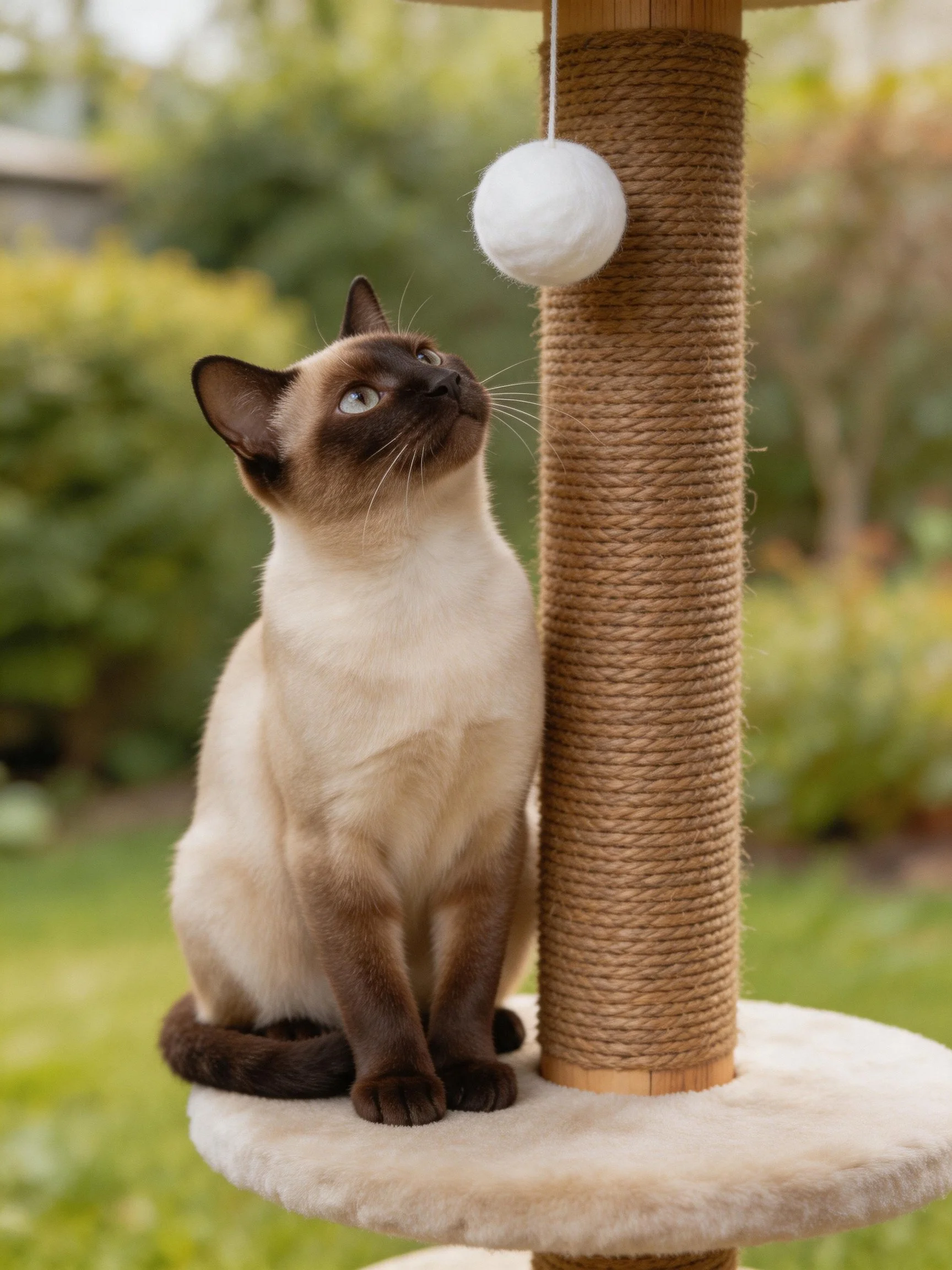A Siamese cat observes a white ball on a rope - wrapped scratching post outdoors
