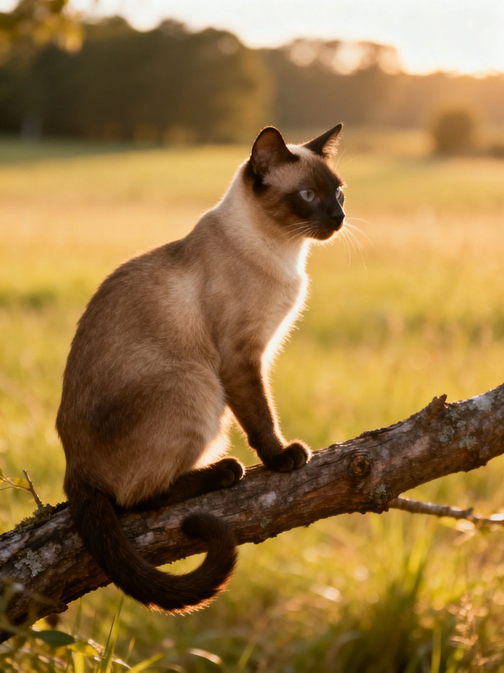 A Siamese cat perched on a tree branch in golden-hour light