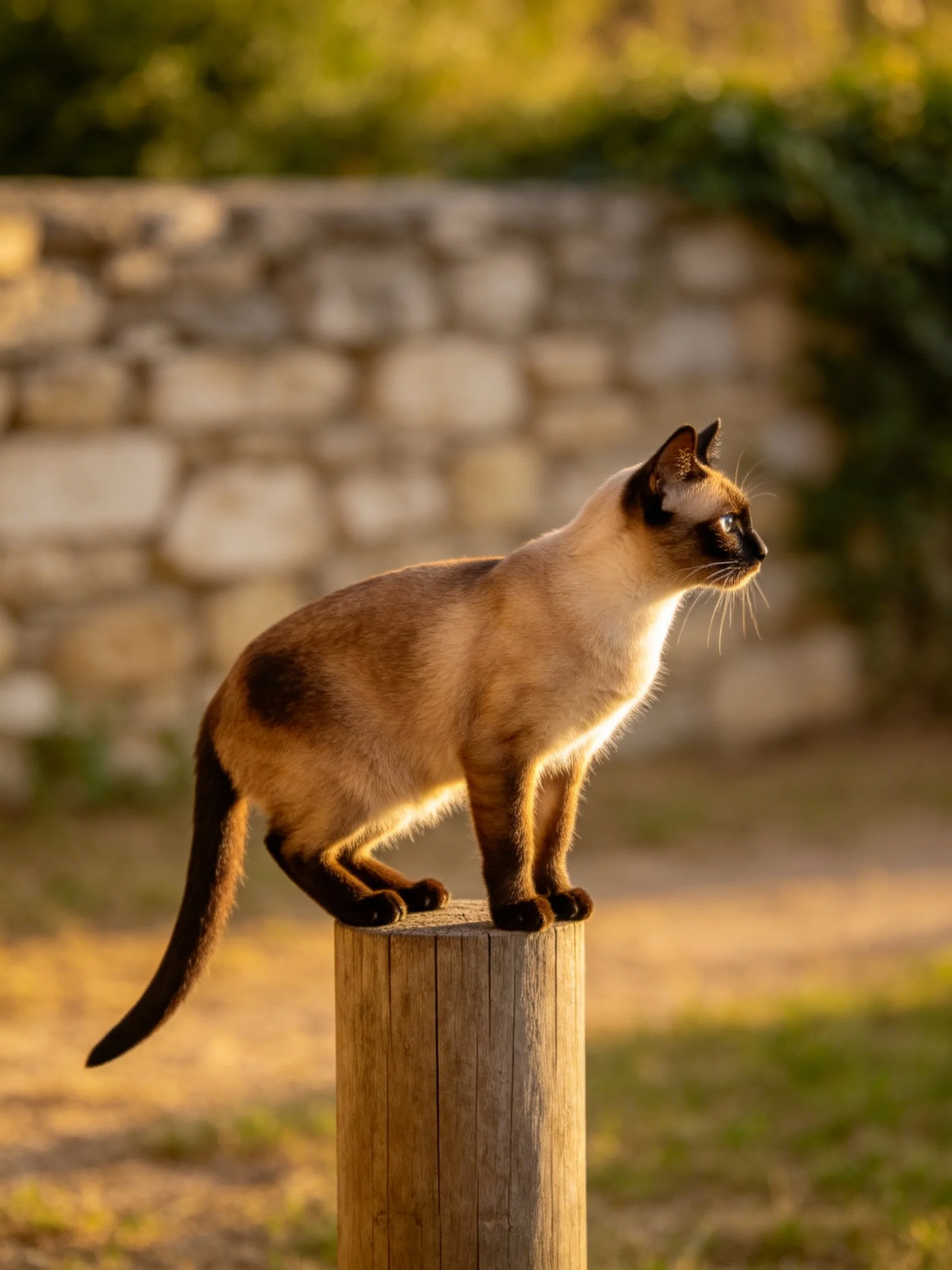 A Siamese cat perched on a wooden post near a stone wall