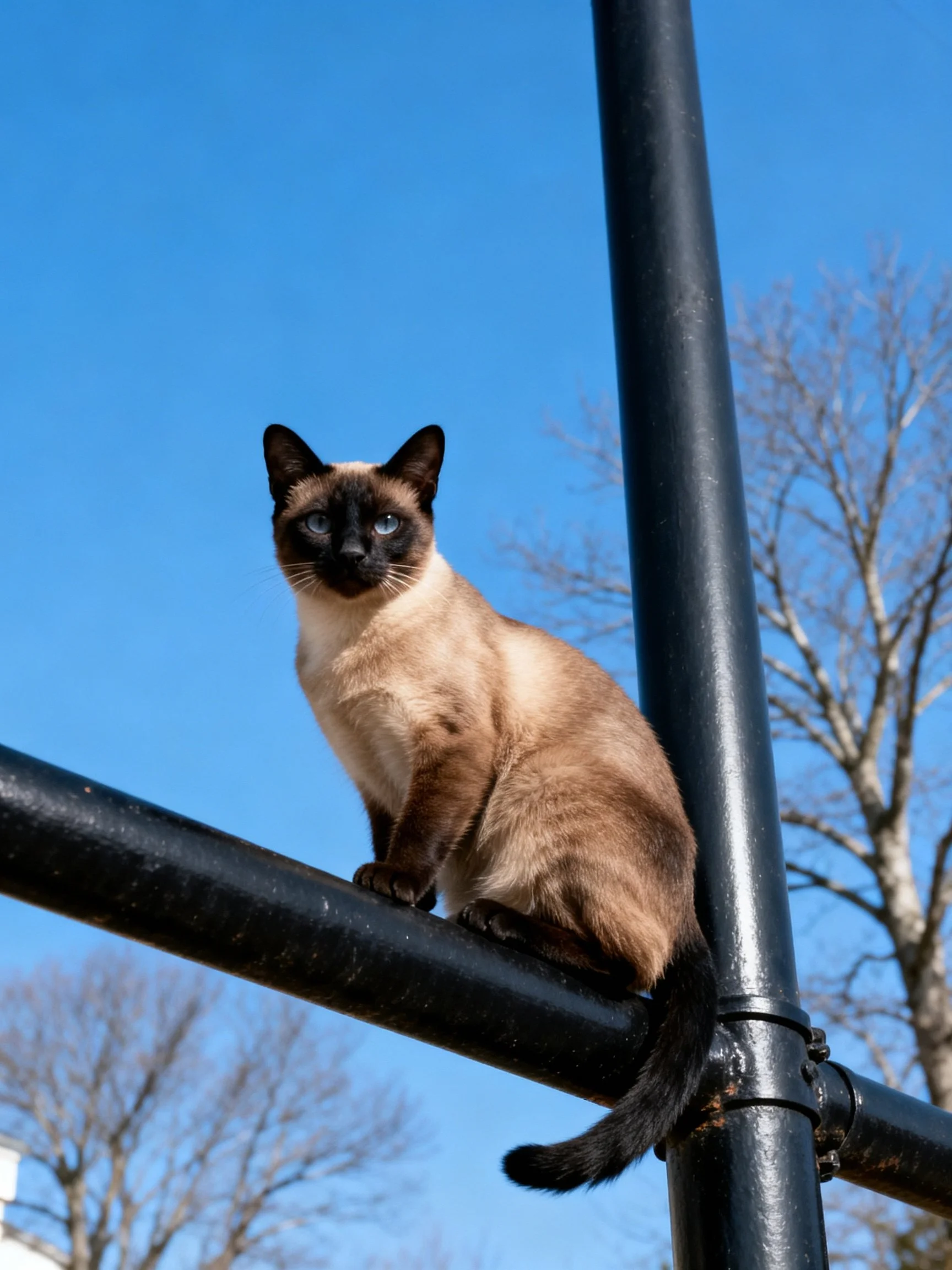 A Siamese cat perches on a black metal railing under a clear blue sky