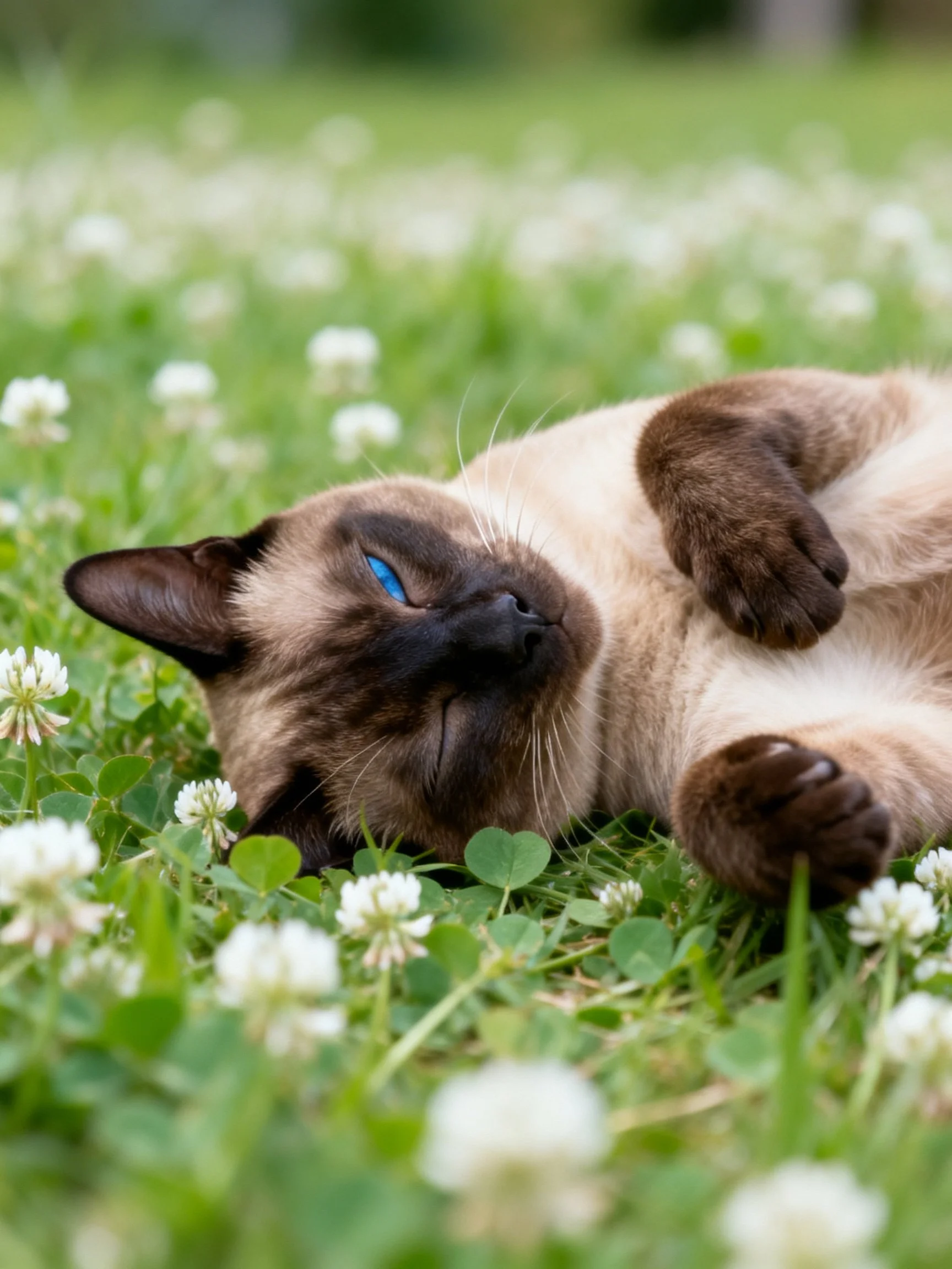 A Siamese cat reclining among clover and white wildflowers