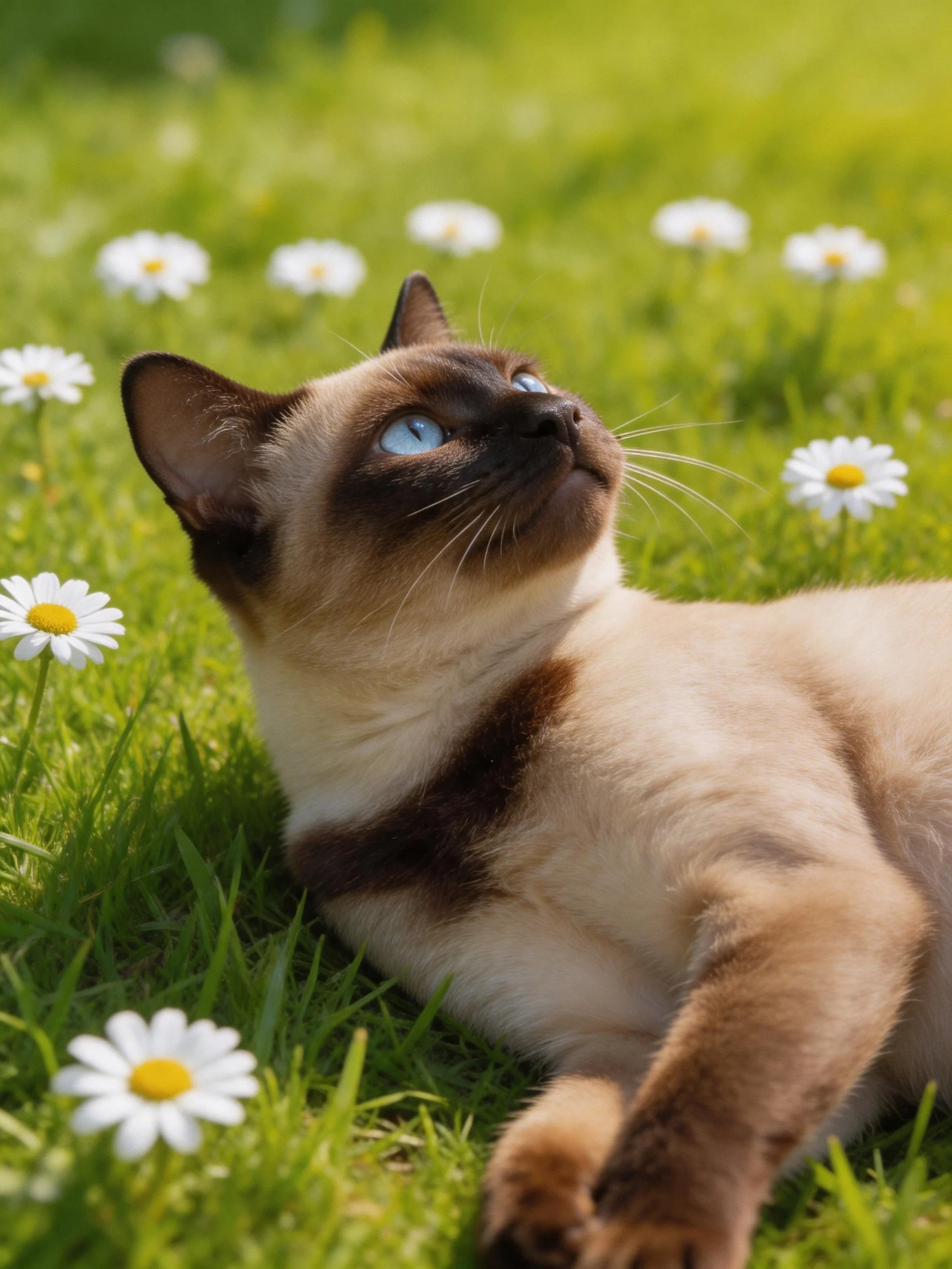 A Siamese cat resting among white daisies on lush green grass