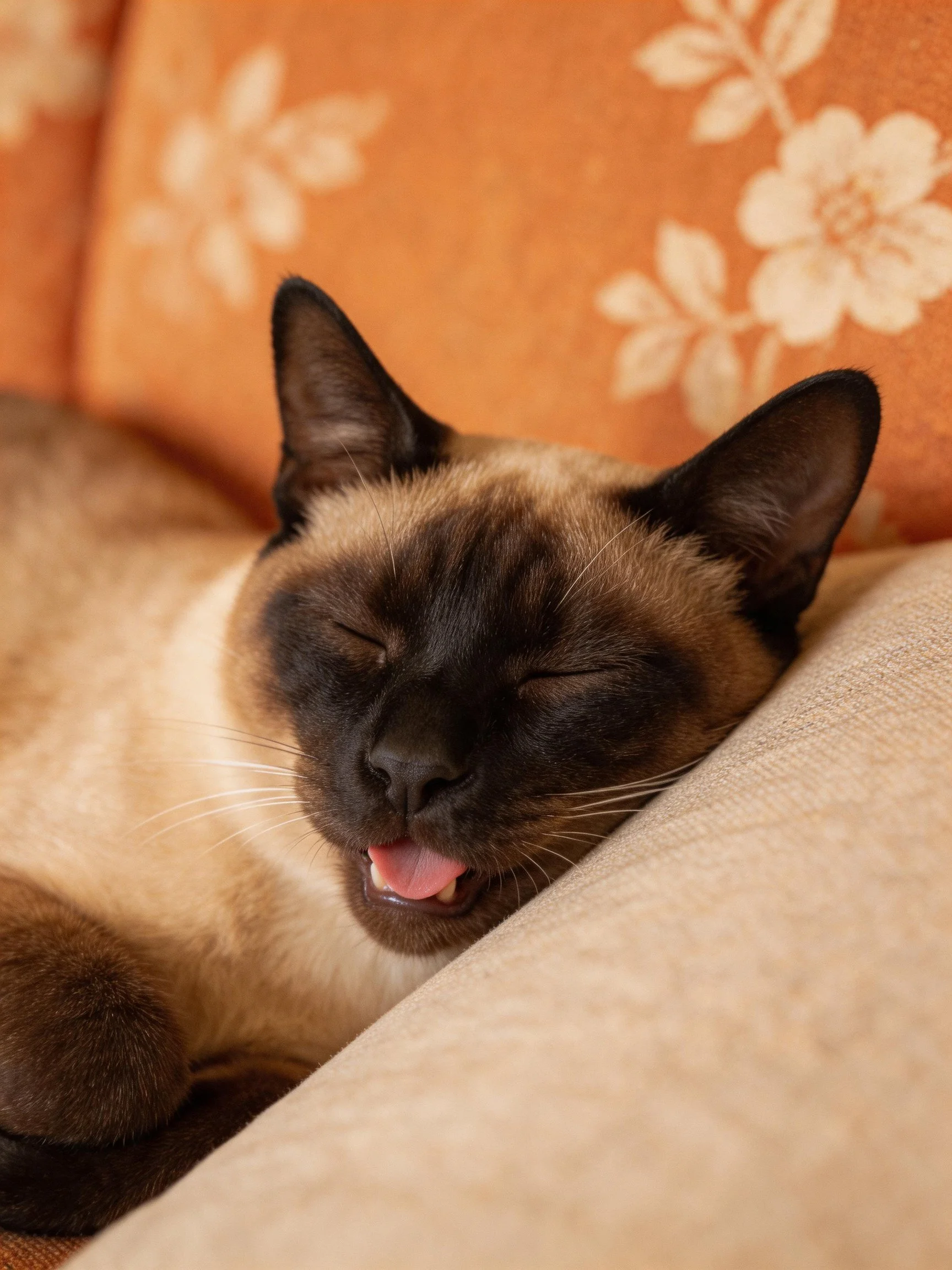 A Siamese cat resting on a beige couch with orange floral cushions