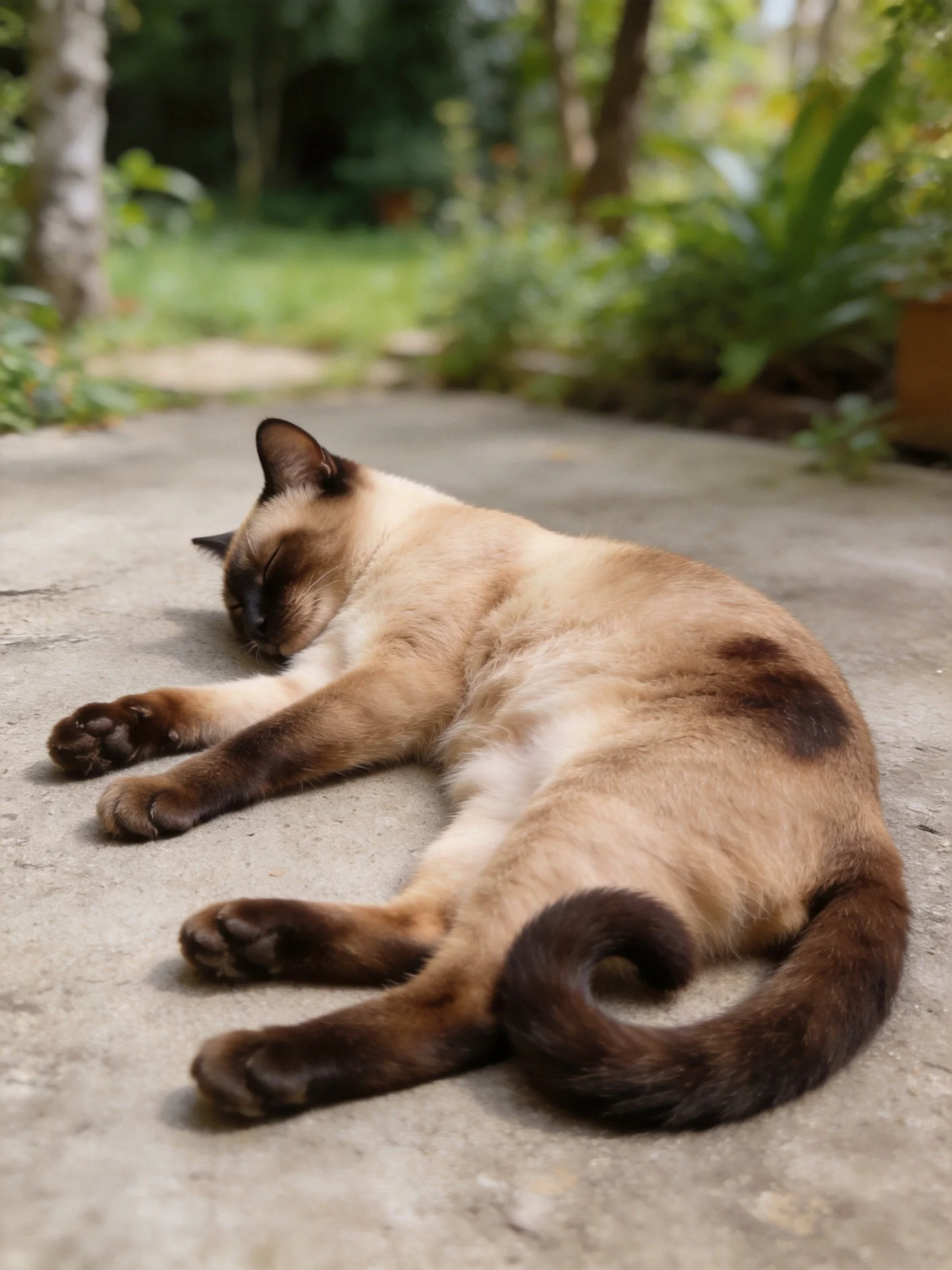 A Siamese cat resting on a concrete patio amid greenery