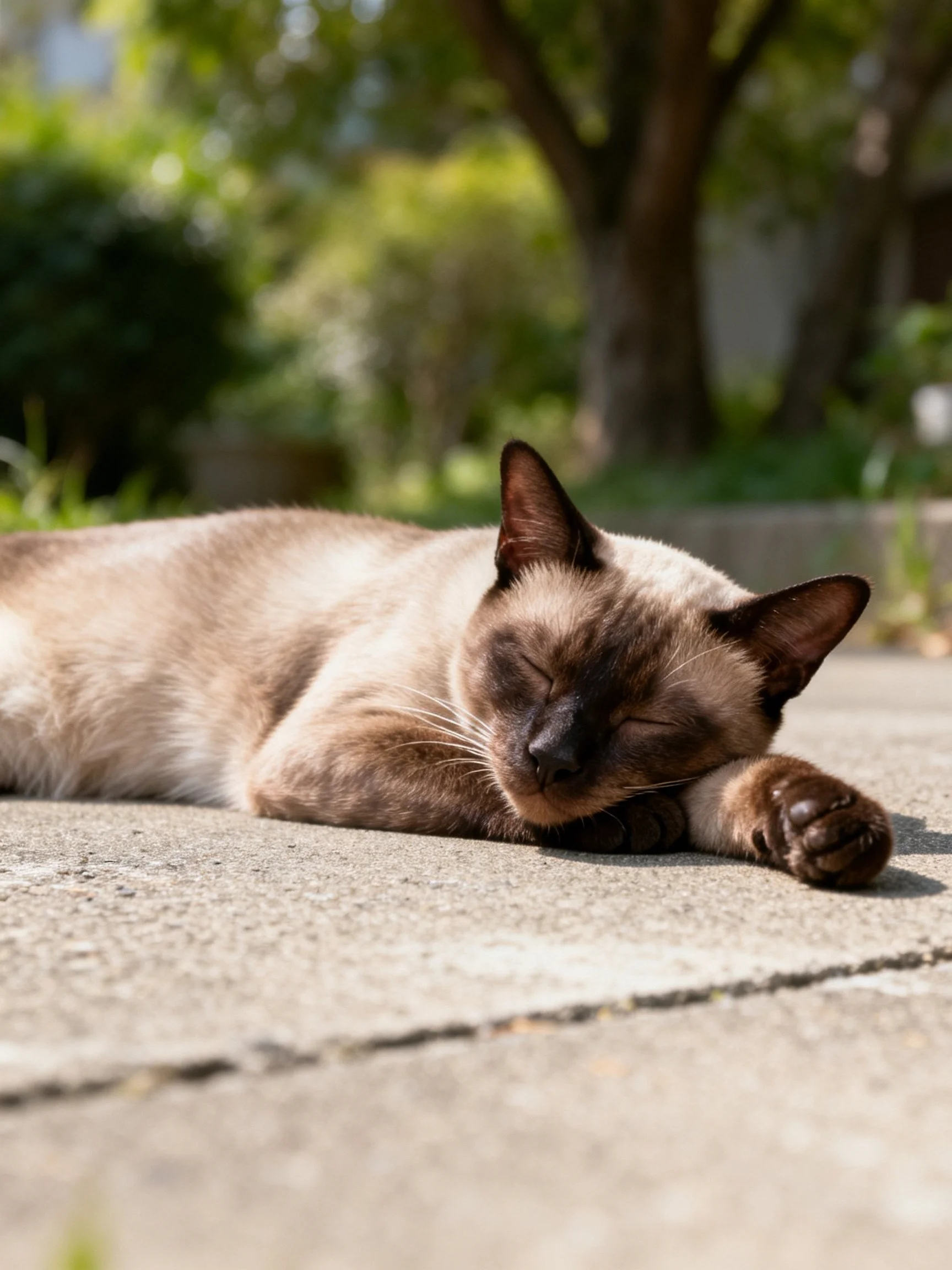 A Siamese cat resting on a concrete patio near lush greenery