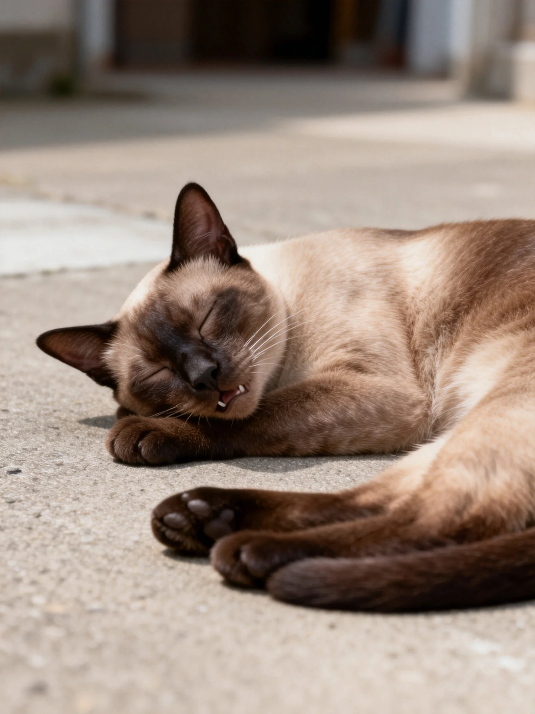 A Siamese cat resting on a concrete surface