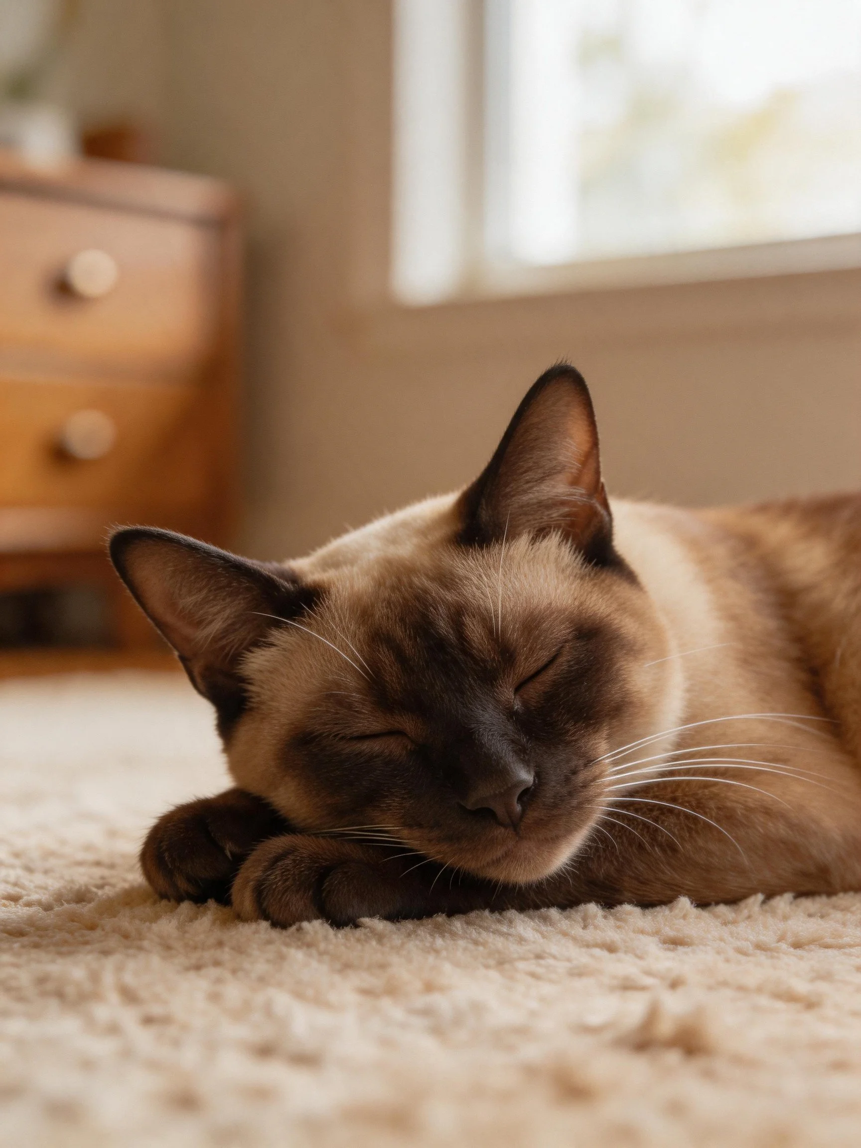 A Siamese cat sleeps peacefully on a soft carpet in a cozy indoor setting.