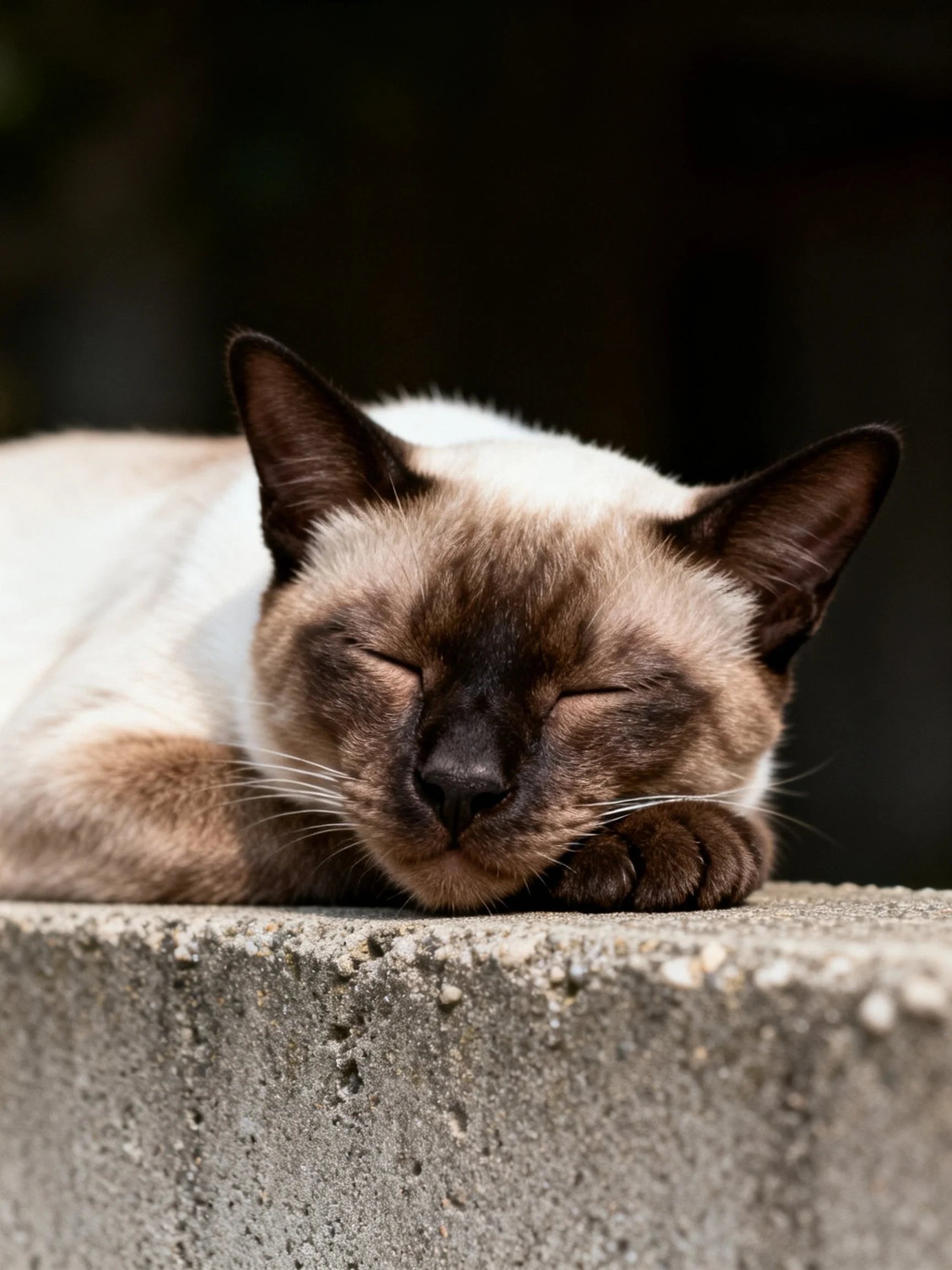 A Siamese cat resting on a textured concrete ledge