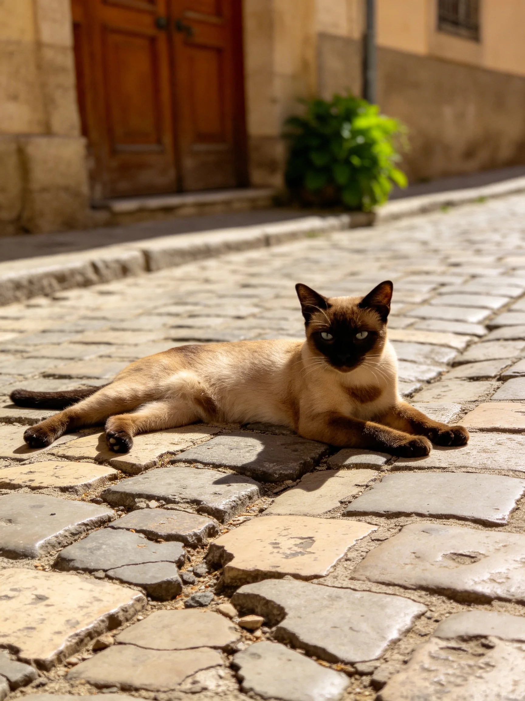 A Siamese cat resting on ancient cobblestone pavement near a wooden door