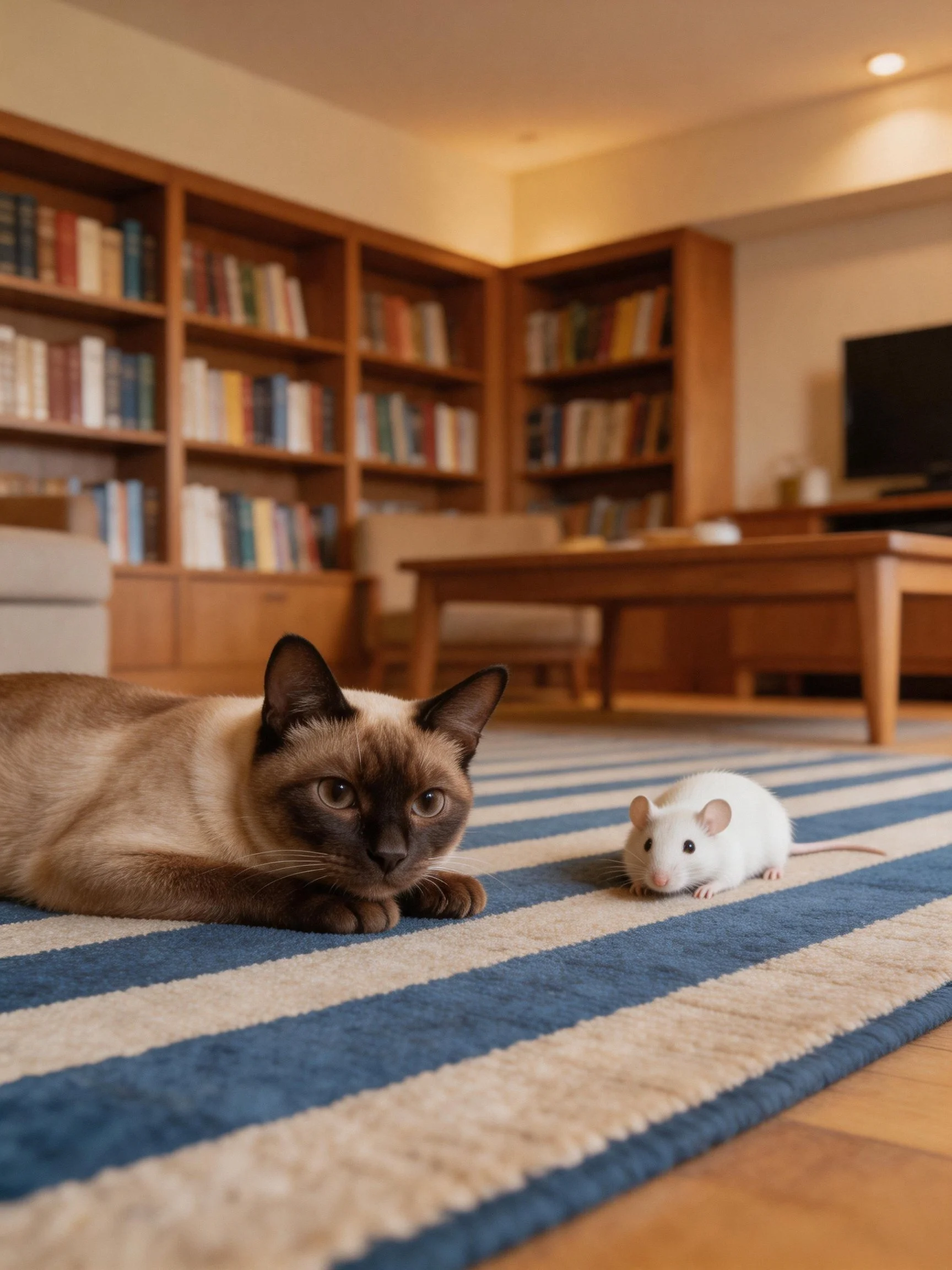 A Siamese cat rests beside a white mouse on a blue-and-beige striped rug in a cozy living room