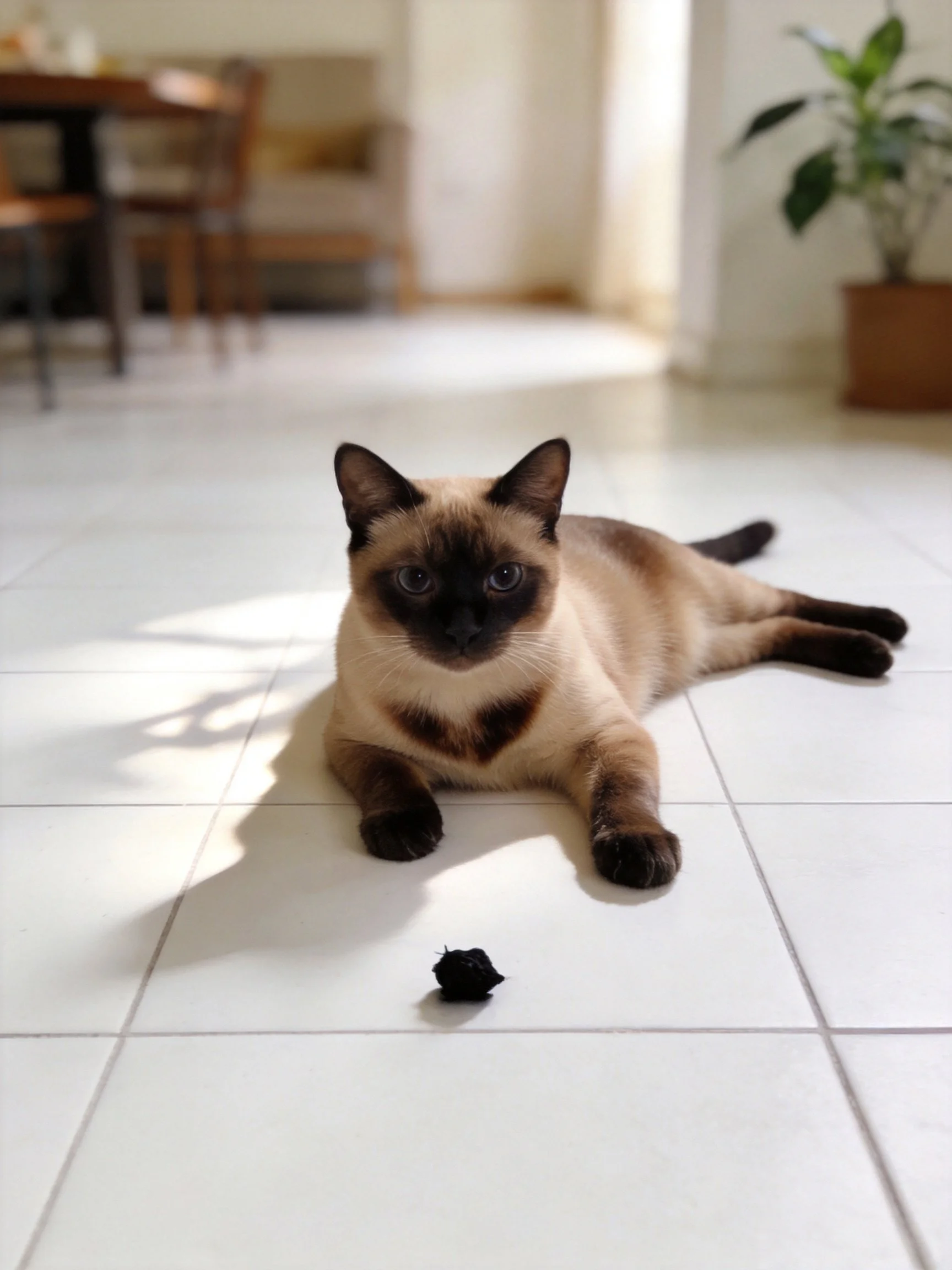 A Siamese cat rests near a small black object on white tiled flooring