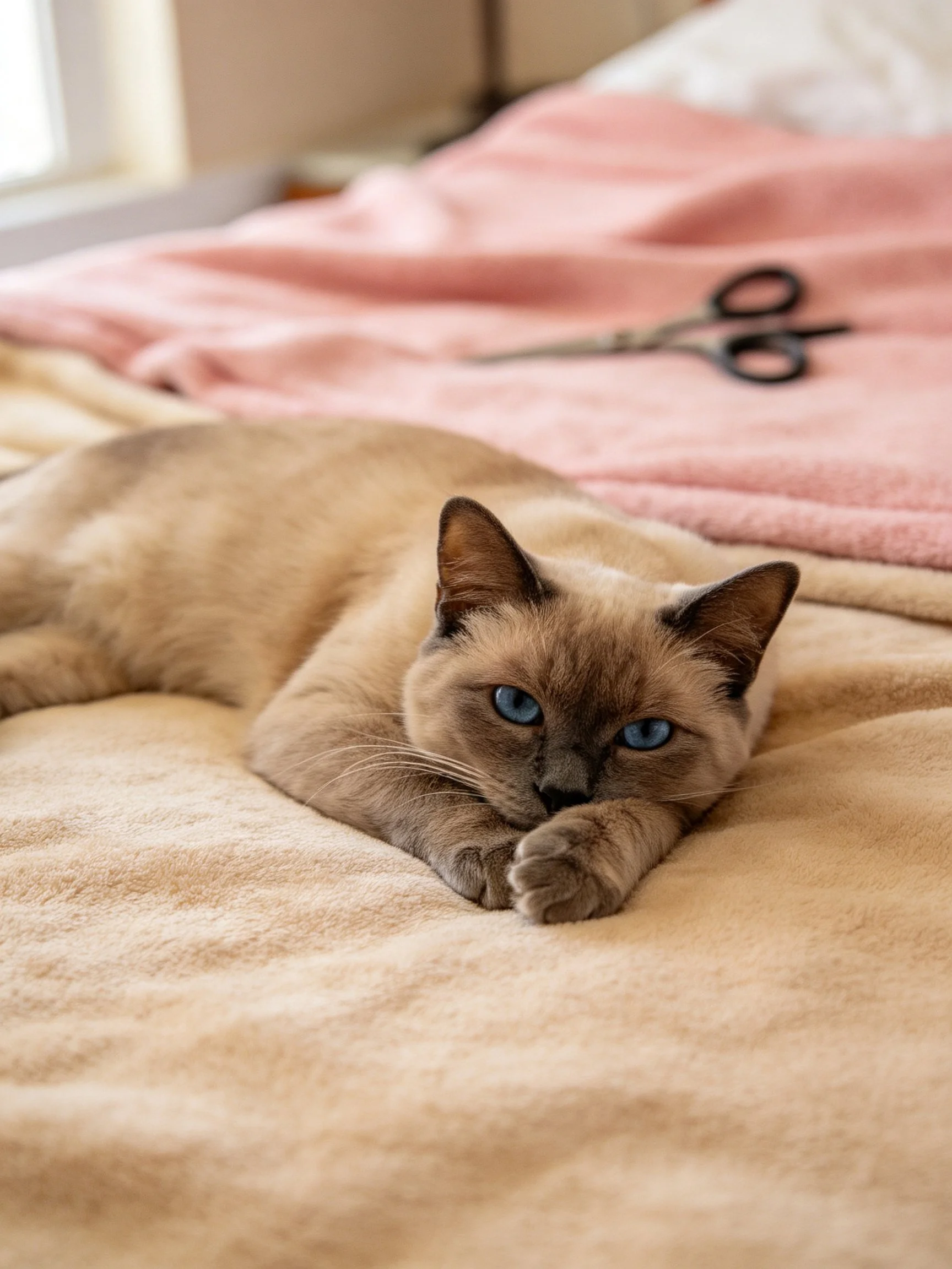A Siamese cat rests on a beige blanket near a pink towel