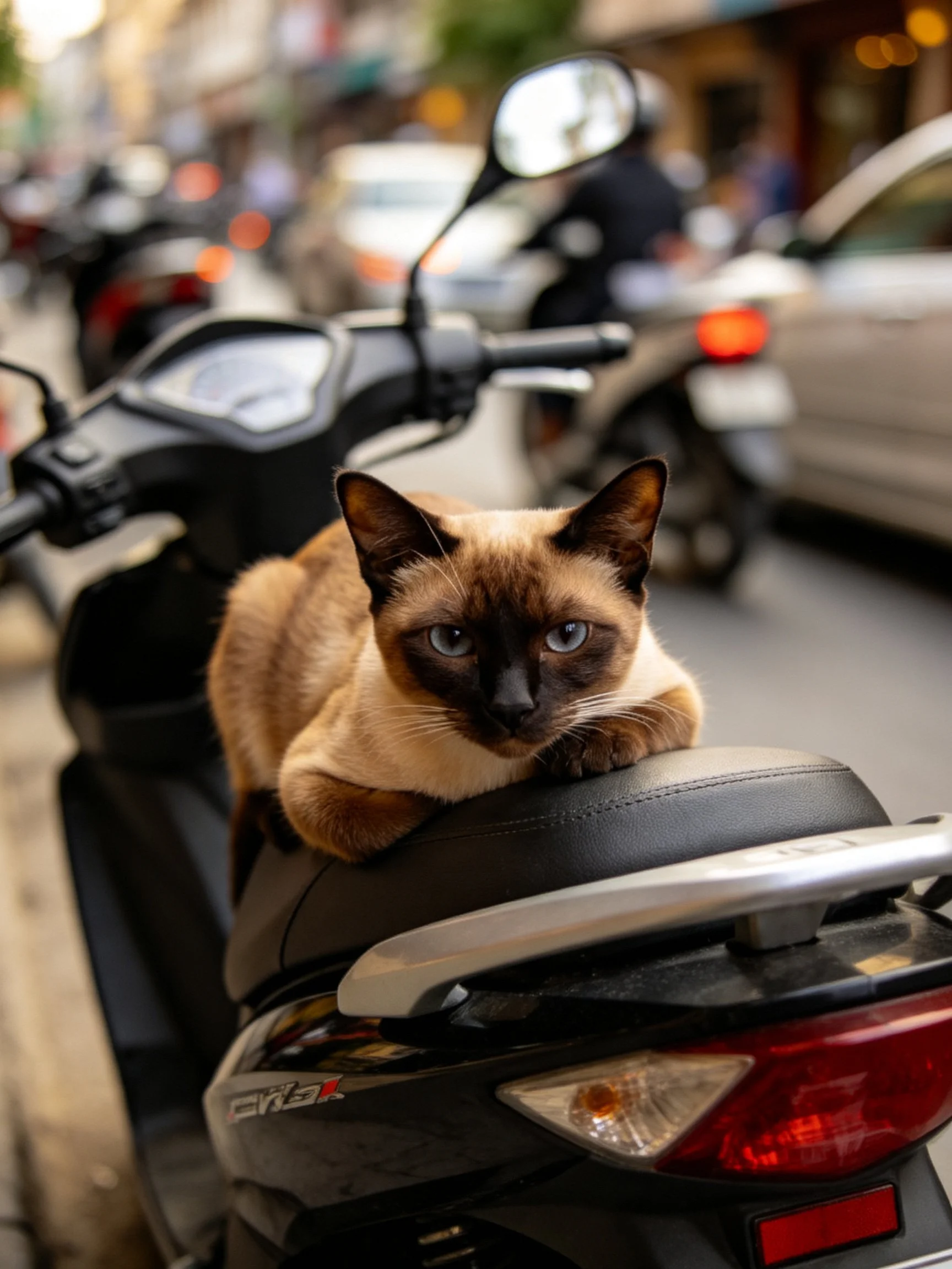 A Siamese cat relaxes on a scooter amid city traffic