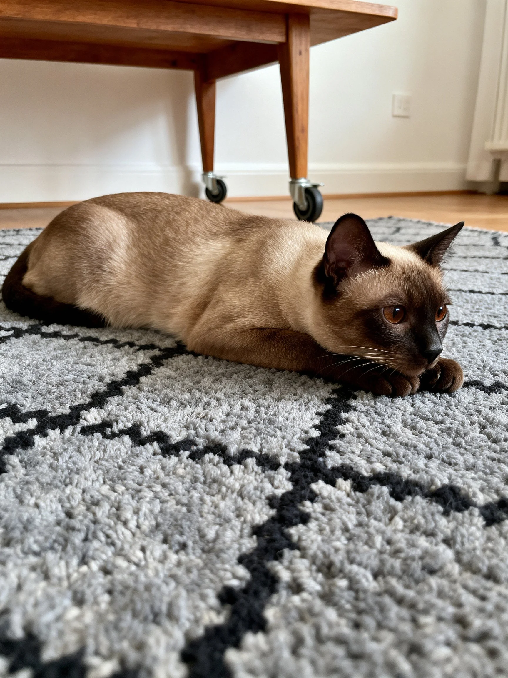 A Siamese cat rests on a patterned gray rug near a wooden wheeled table.