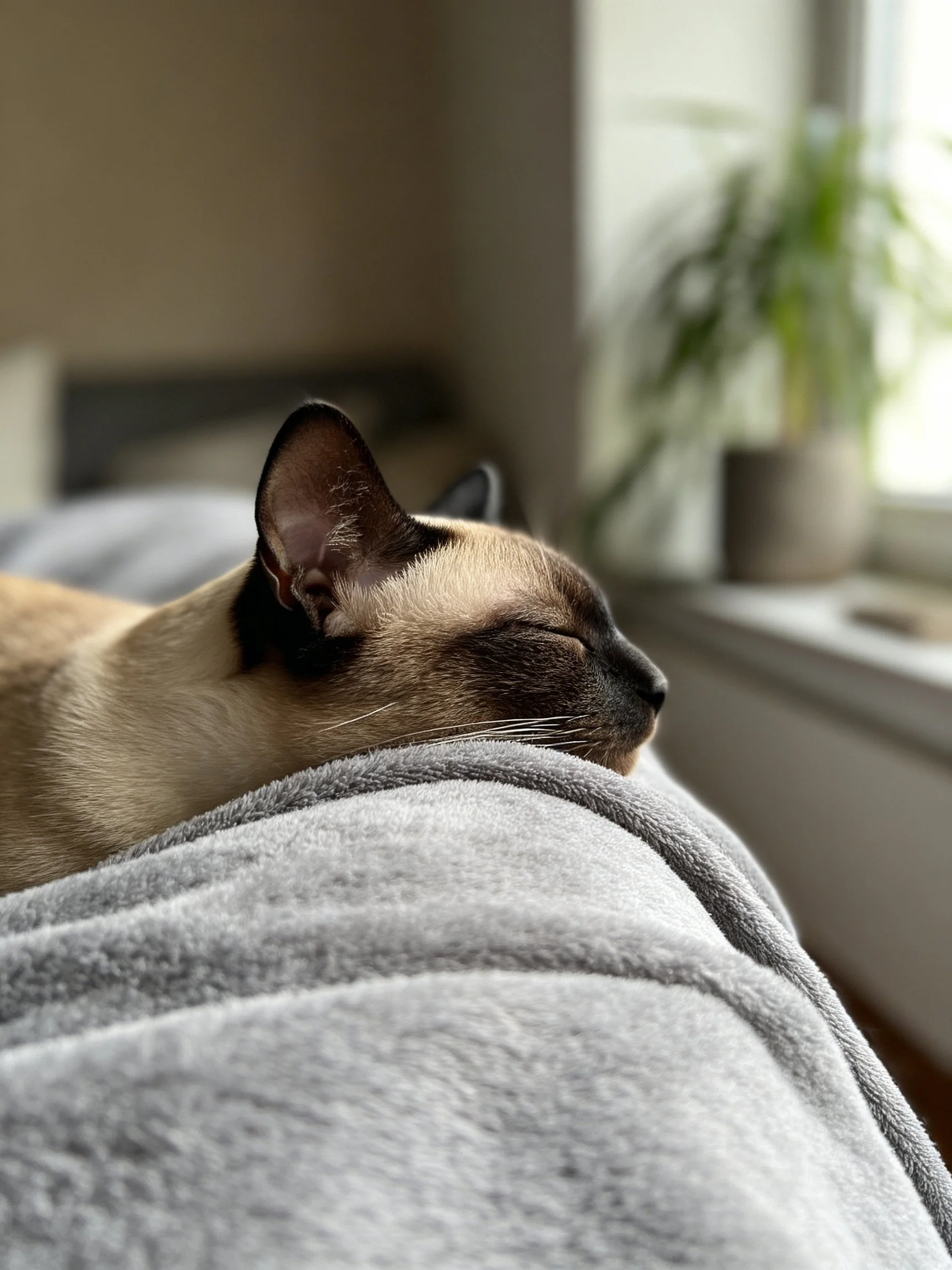 A Siamese cat rests on a soft gray blanket near a sunlit window