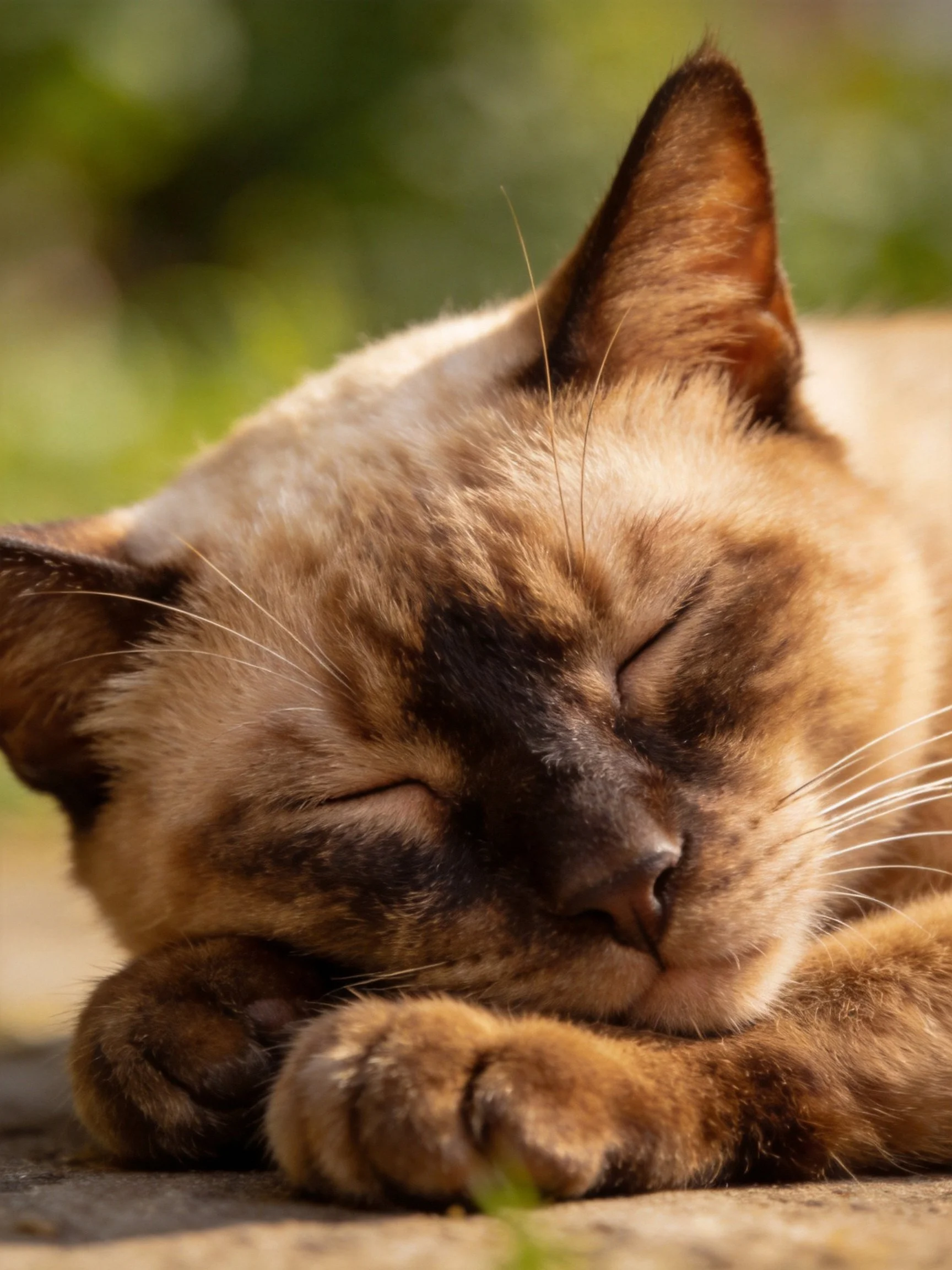 A Siamese cat rests outdoors with brown and cream fur