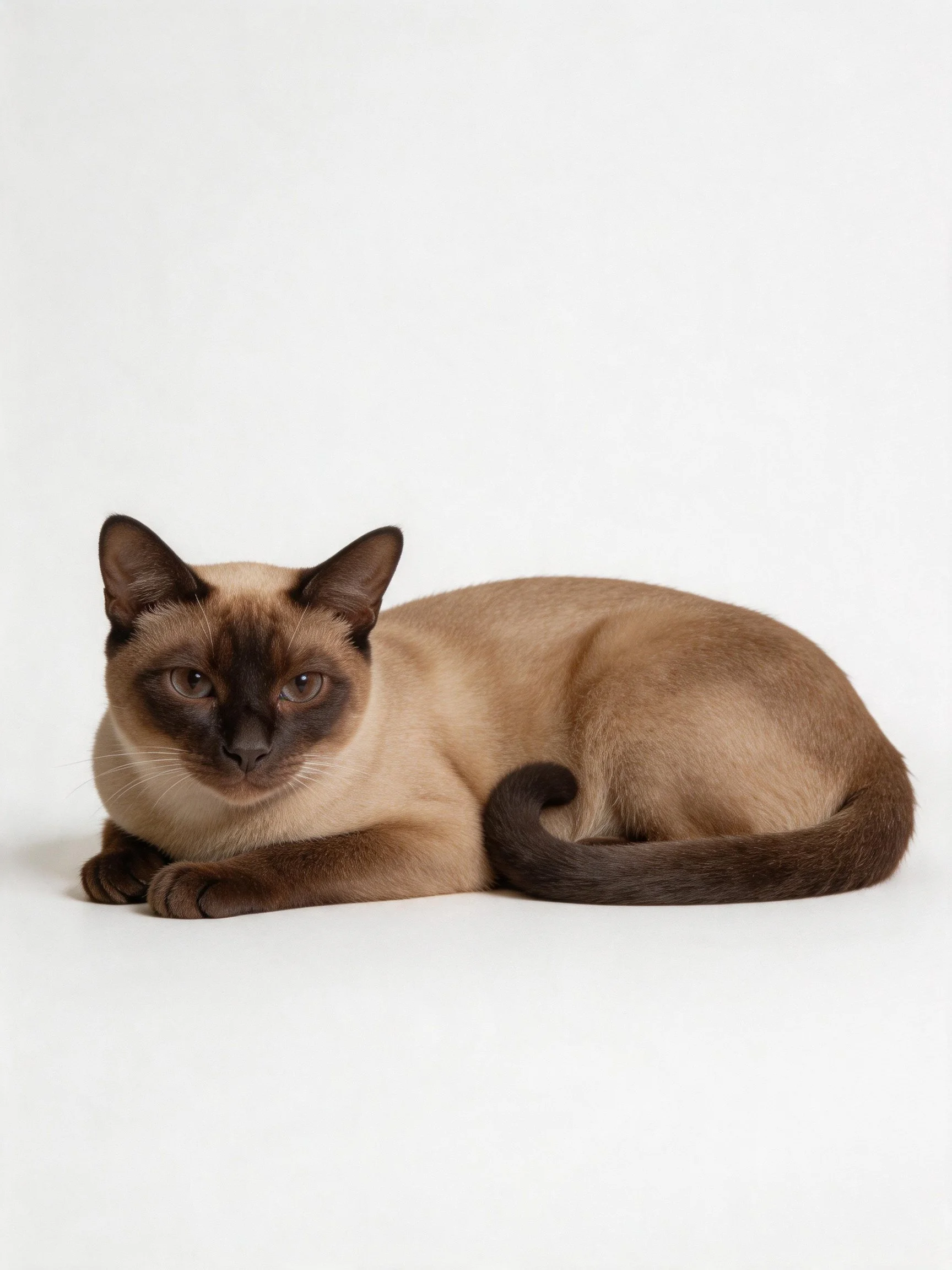 A Siamese cat lies calmly with contrasting cream and dark brown fur against a plain backdrop.