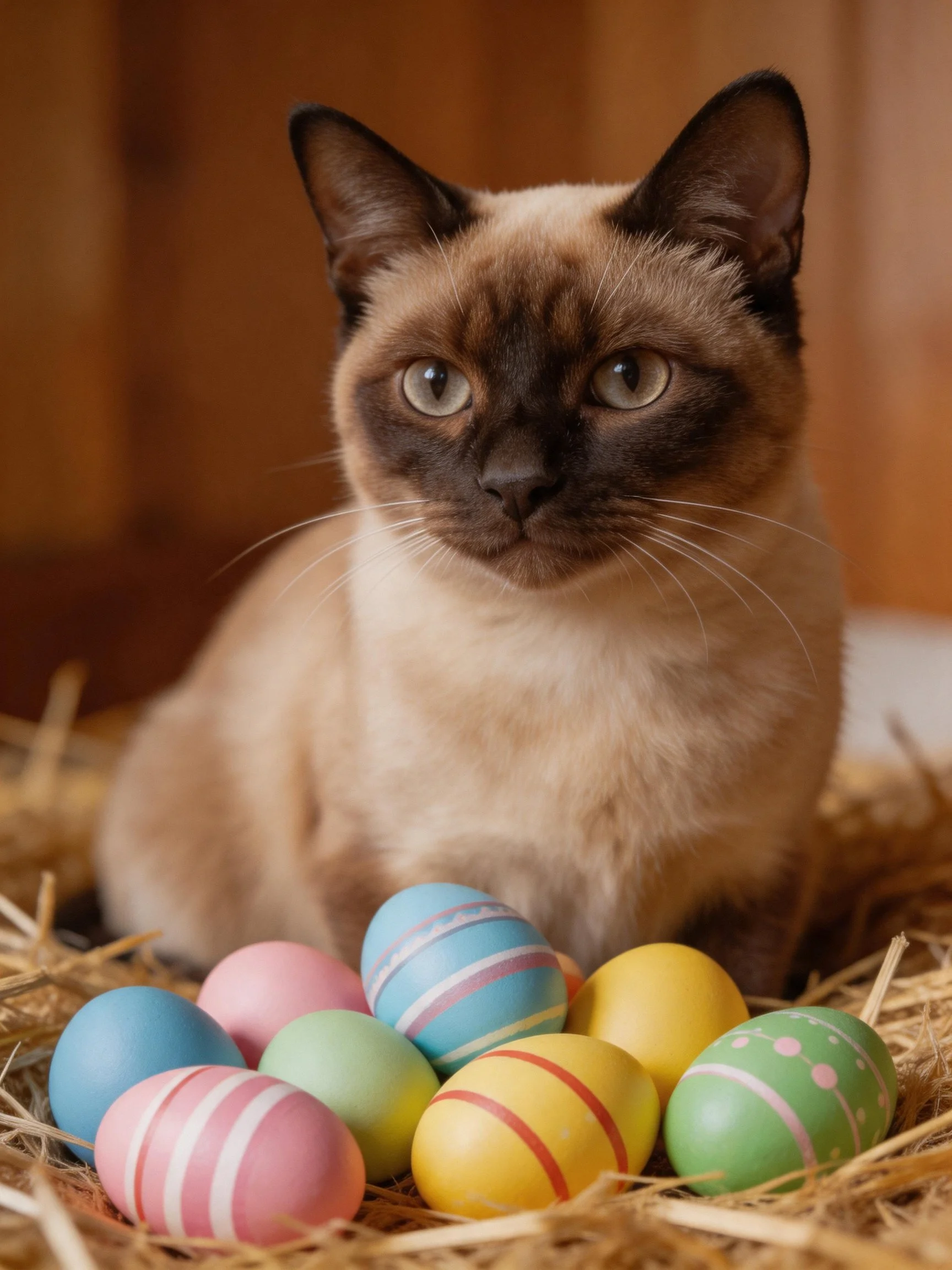 A Siamese cat sits amid colorful Easter eggs in straw