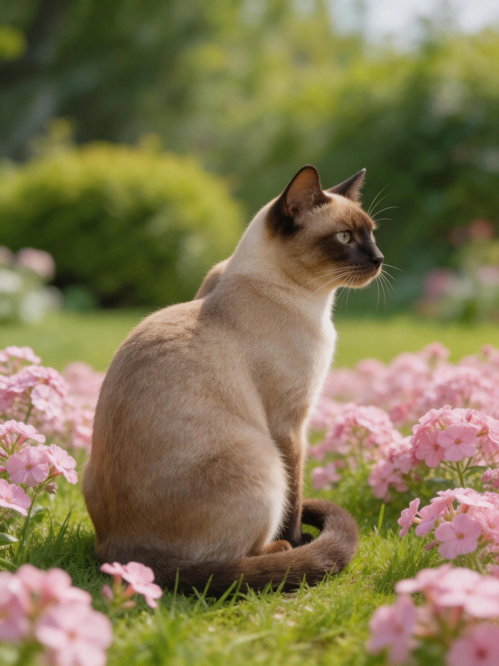 A Siamese cat sits amid pink flowers in a sunlit garden
