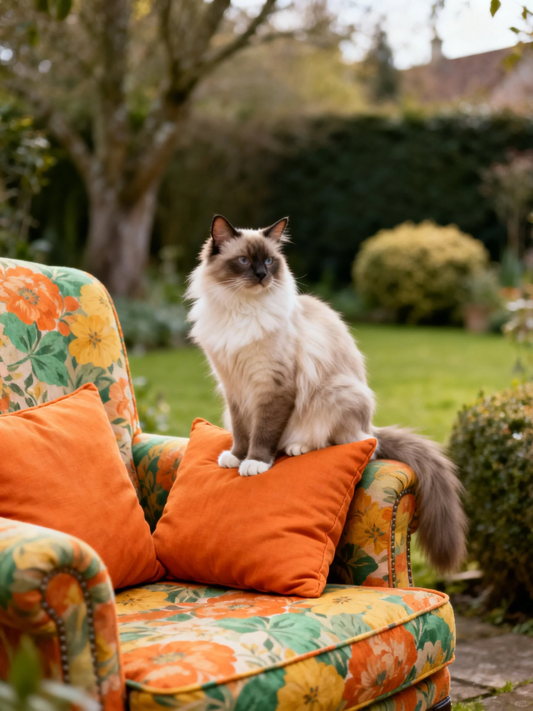 A Siamese cat sits atop a colorful floral armchair with orange cushions in a garden