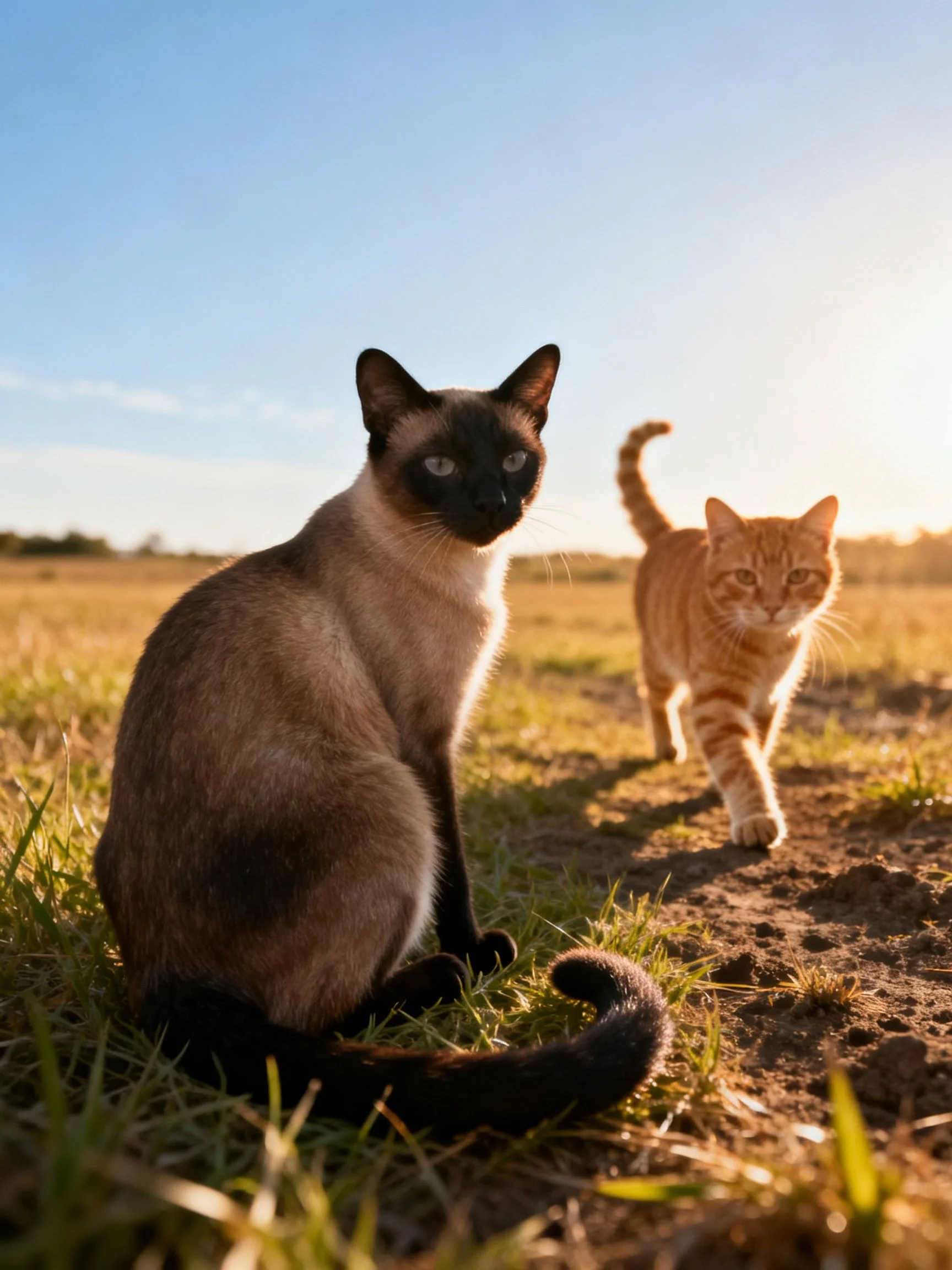 A Siamese cat sits beside an orange tabby in a sunlit field