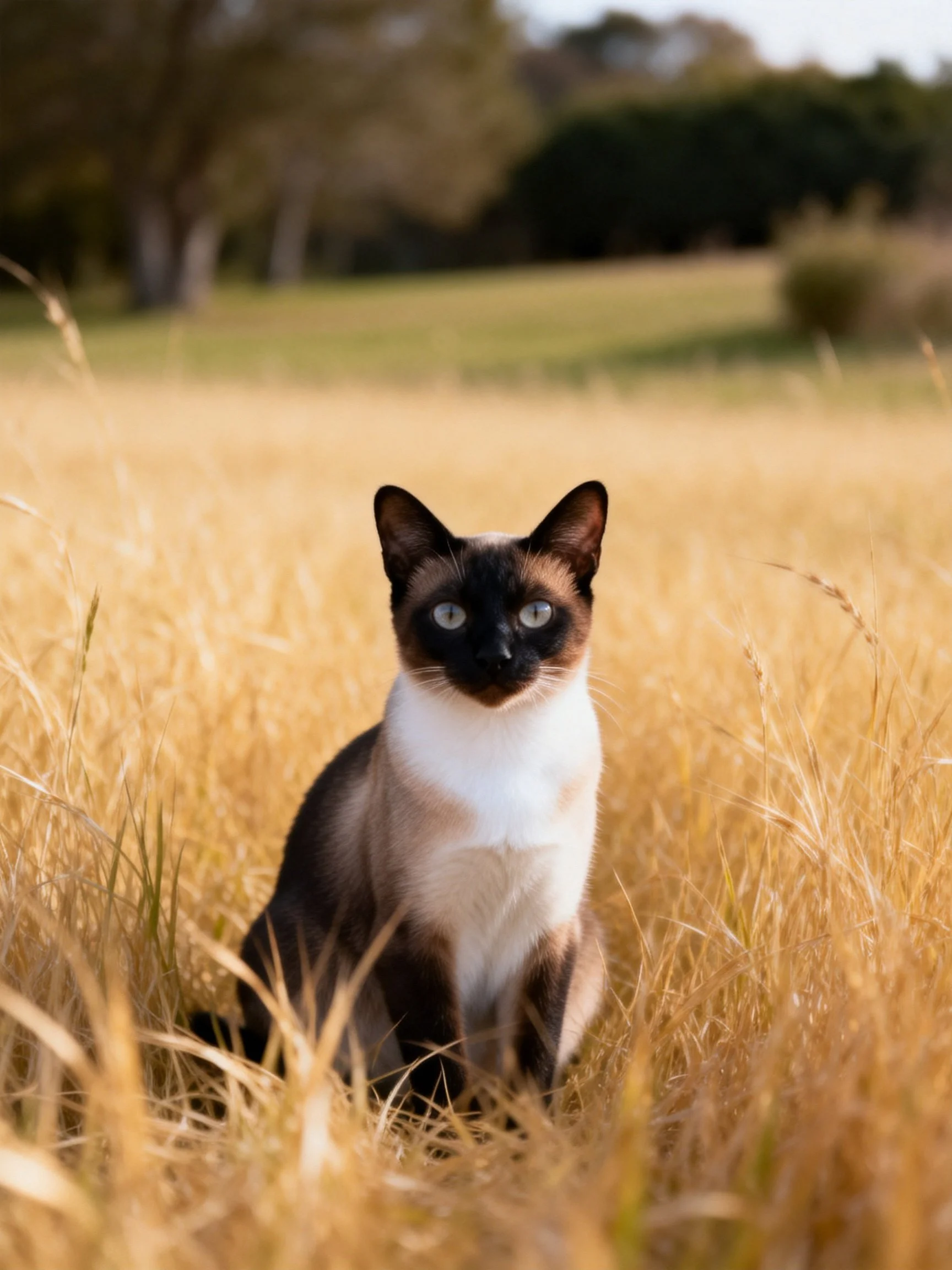 A Siamese cat sits calmly in a golden grassy field with a blurred natural backdrop