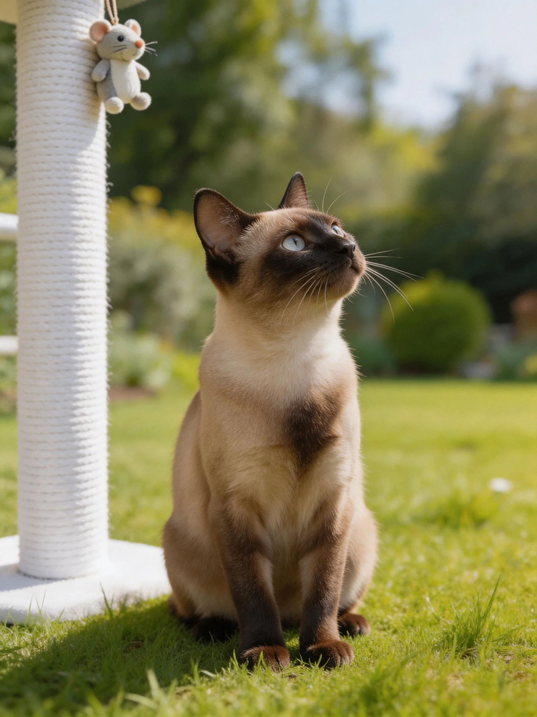 A Siamese cat sits near a white scratching post with a mouse toy on grass