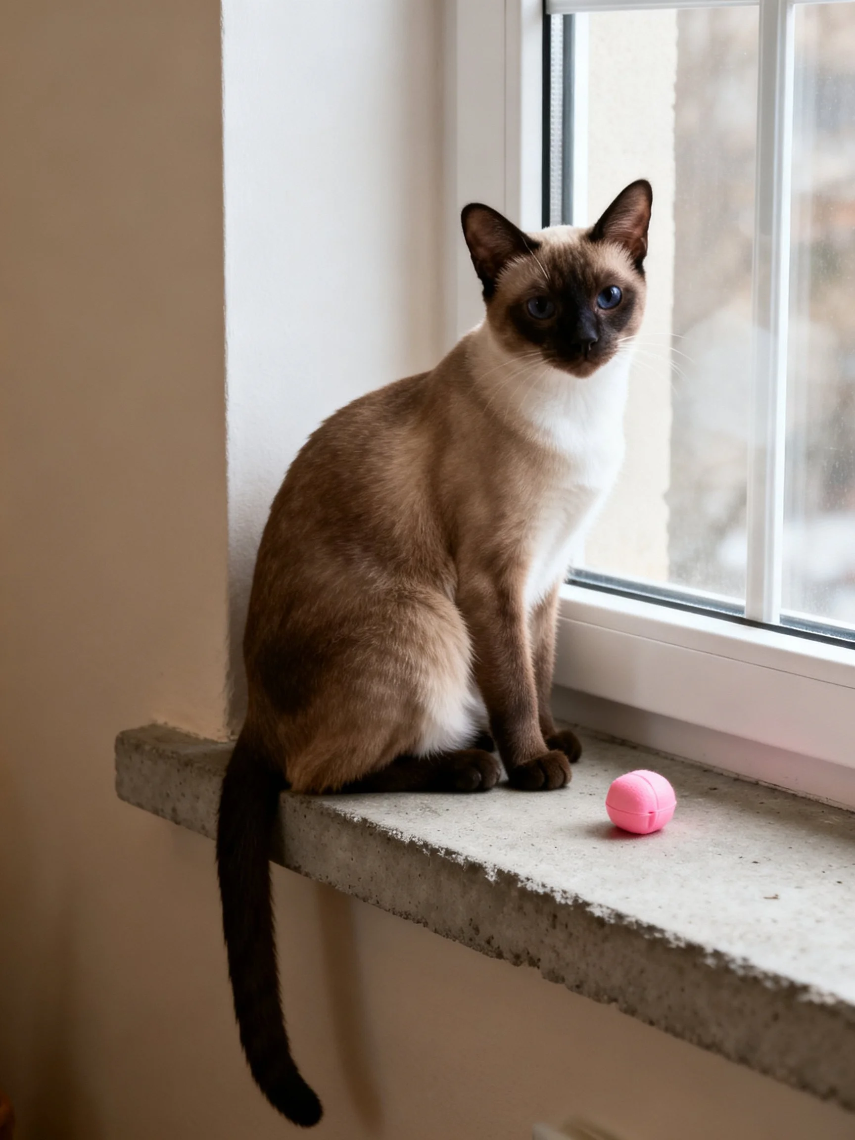 A Siamese cat sits on a concrete windowsill near a pink ball